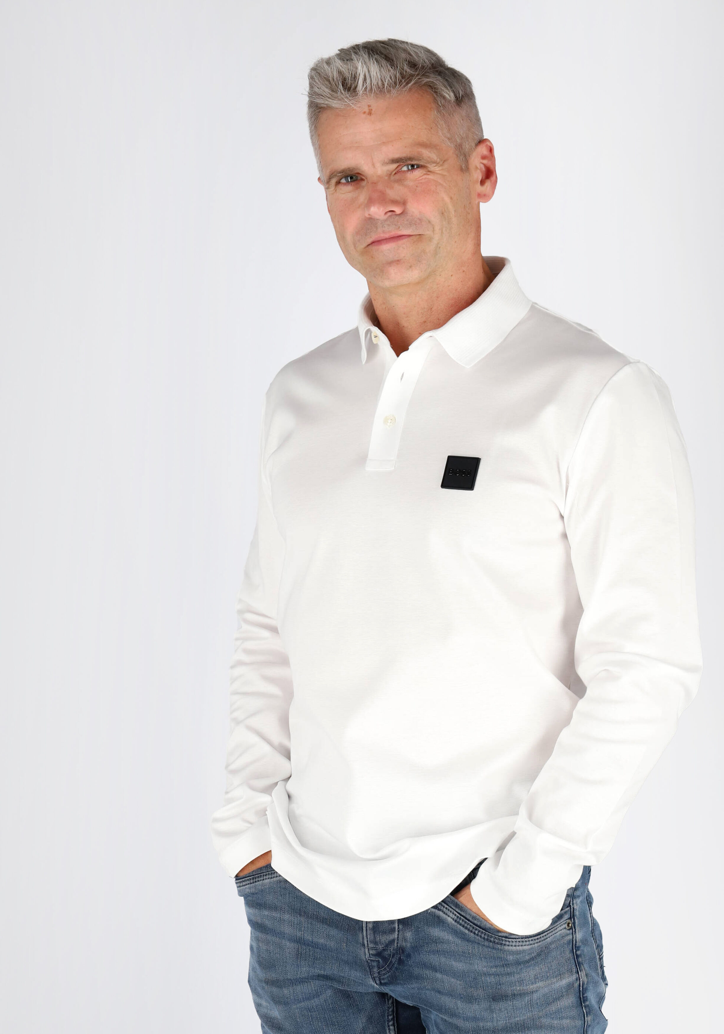 BOSS Pado regular fit polo lange mouw, jersey, wit