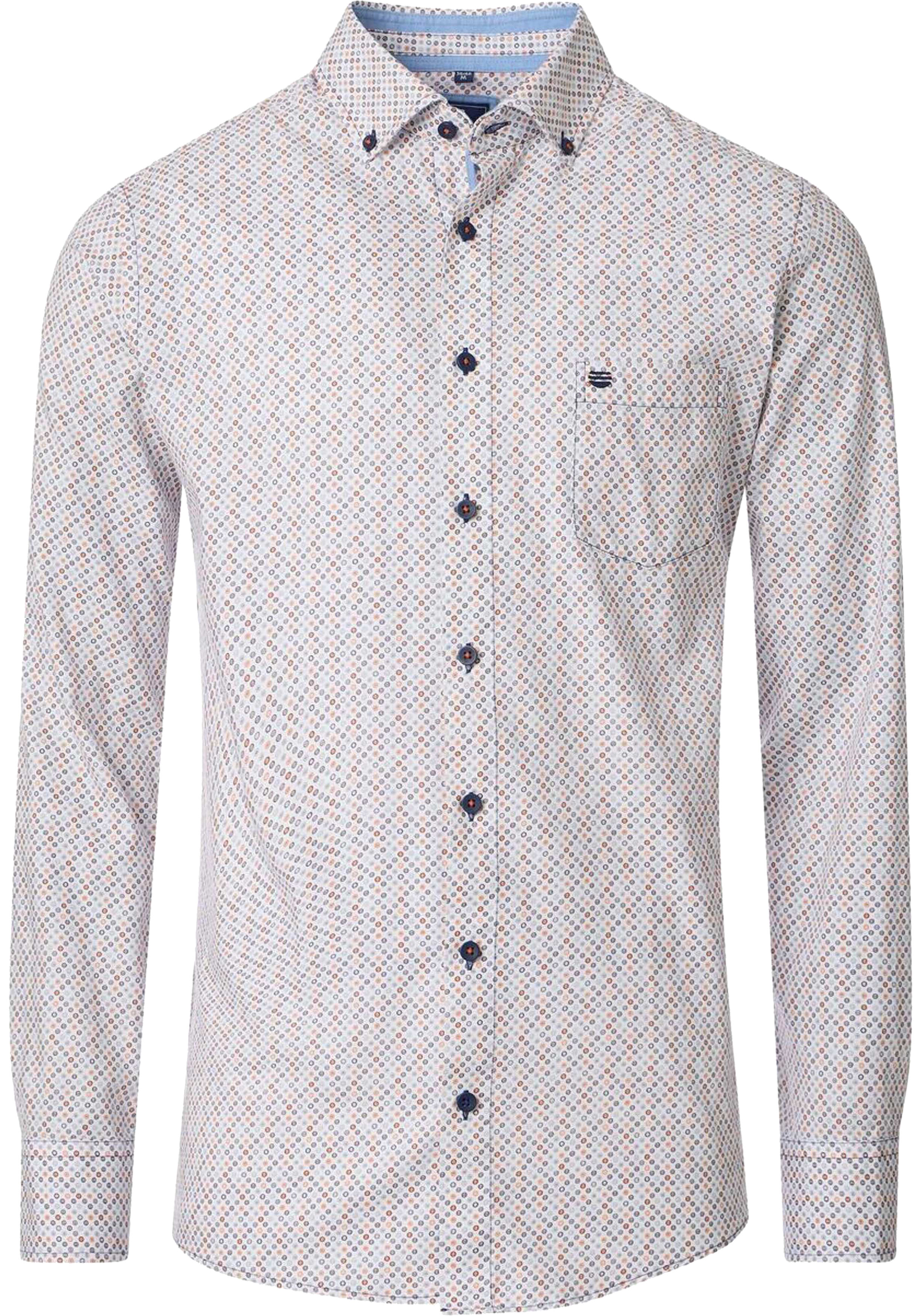 Redmond modern fit overhemd, popeline, wit met blauw en oranje dessin