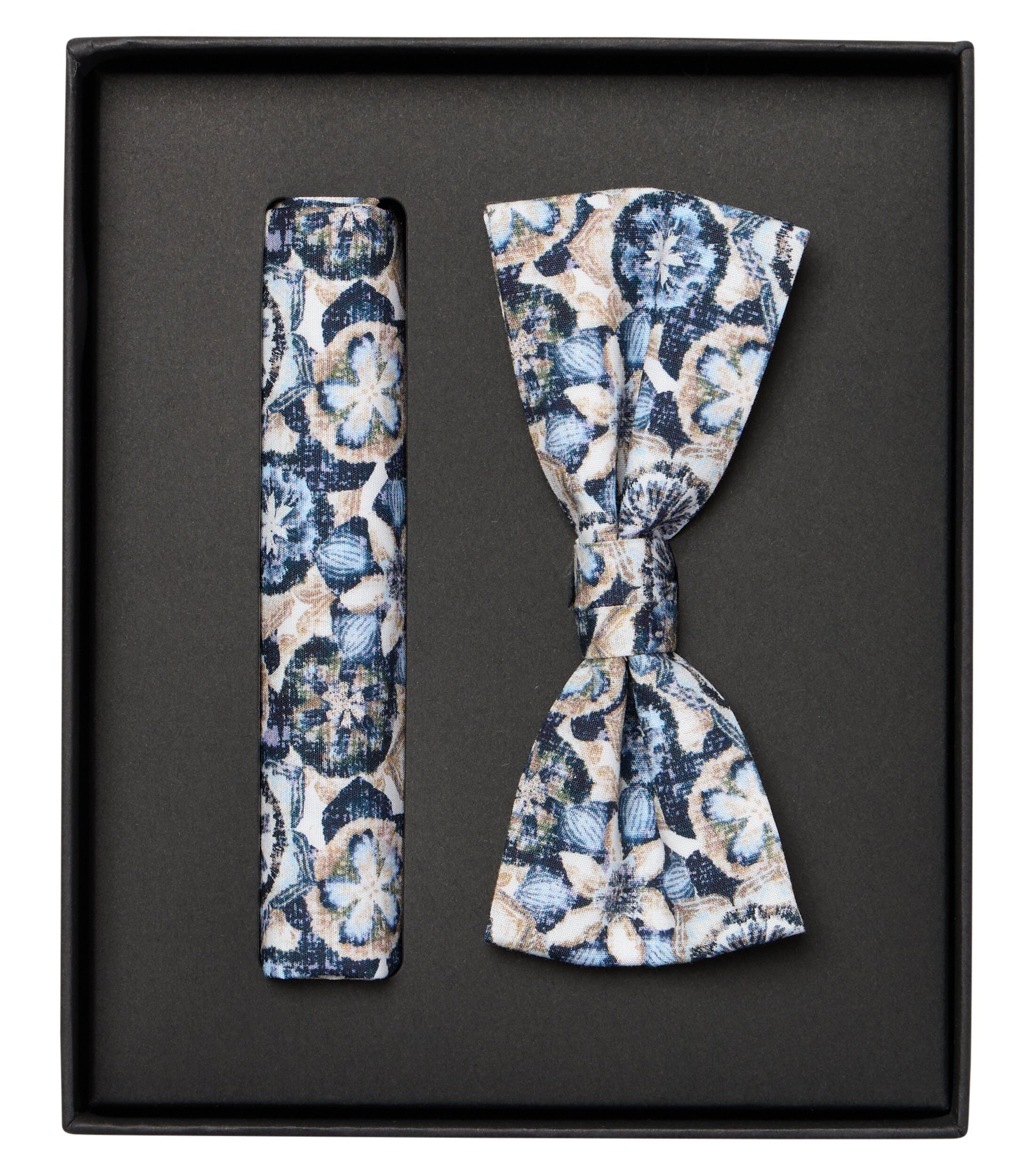 VENTI set met vlinderdas en pochet, blauw, wit, beige, donkerblauw dessin