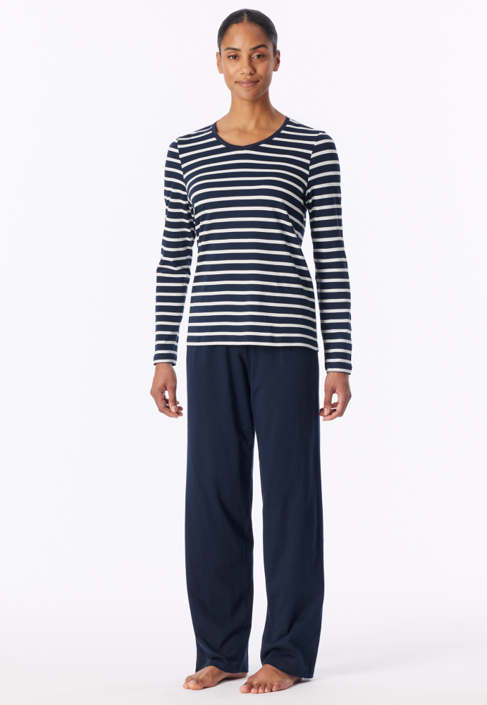 SCHIESSER dames Cotton Essentials Pyjama lang, dames pyjama set, nachtblauw gestreept
