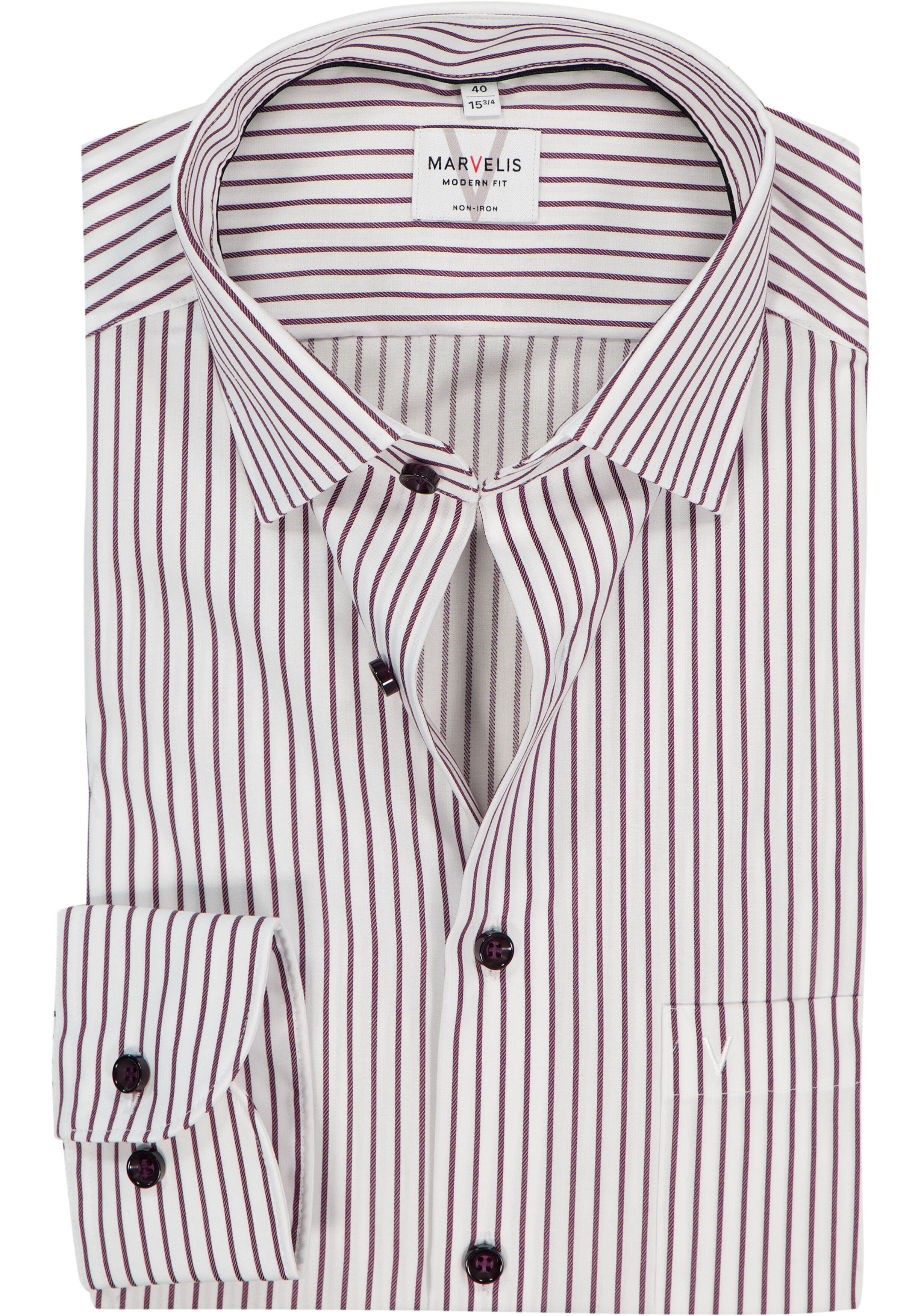 MARVELIS modern fit overhemd, popeline, wit met bordeaux rood gestreept