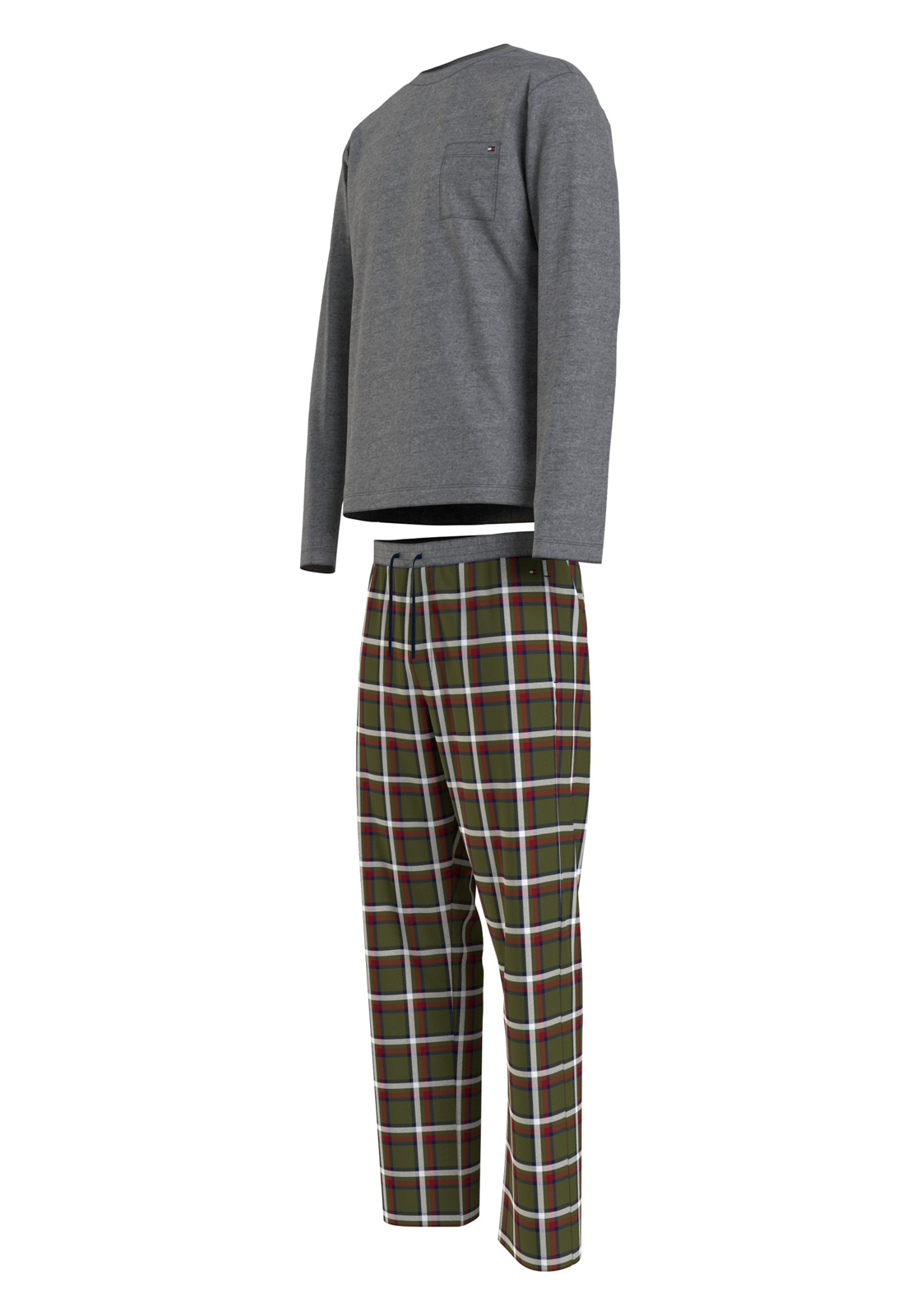 image_4_UM0UM029950T4_D_C3307wid Tommy Hilfiger heren pyjama O-hals, grijs met olijfgroen geruite broek