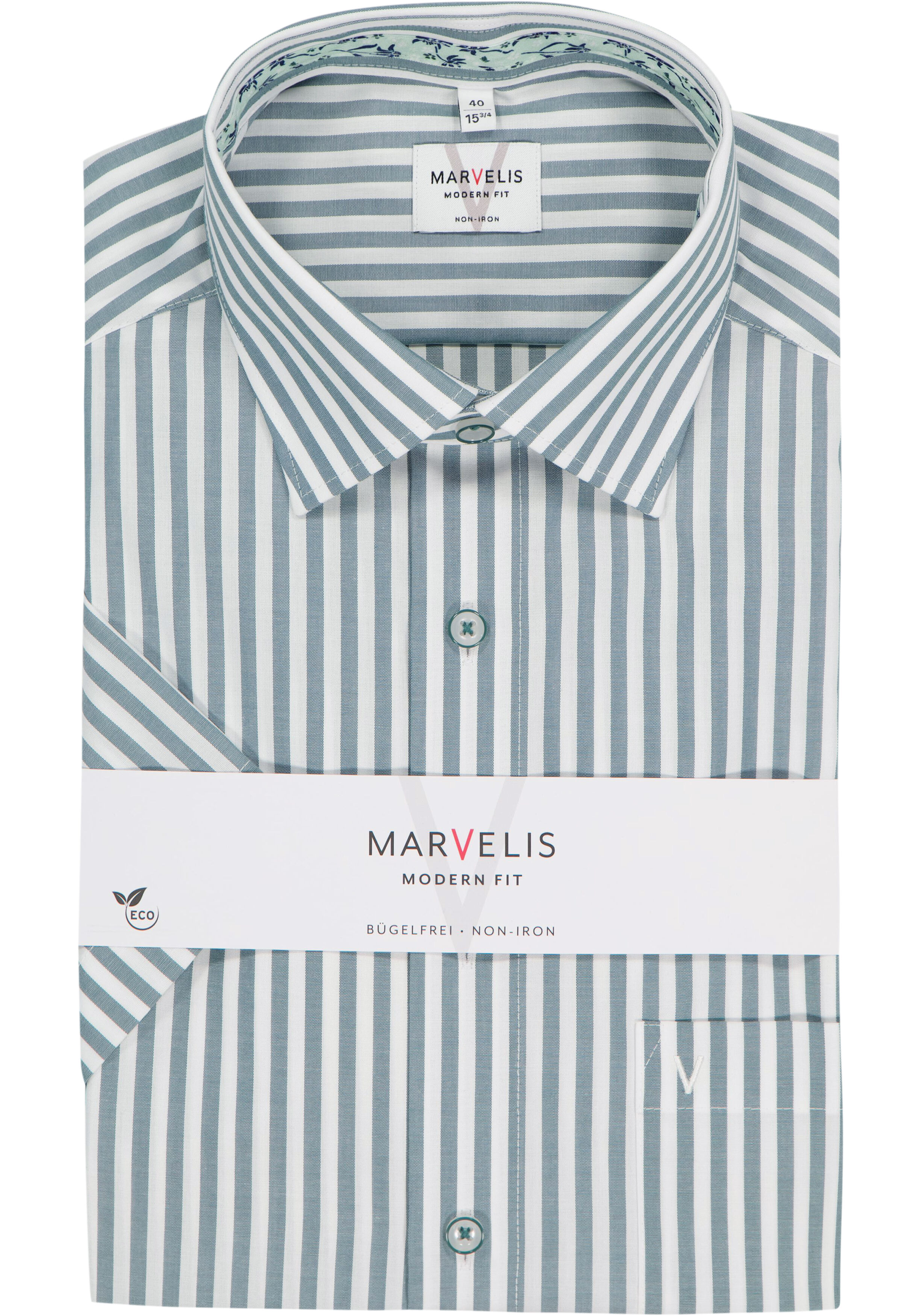 MARVELIS modern fit overhemd, korte mouw, popeline, wit met groen gestreept