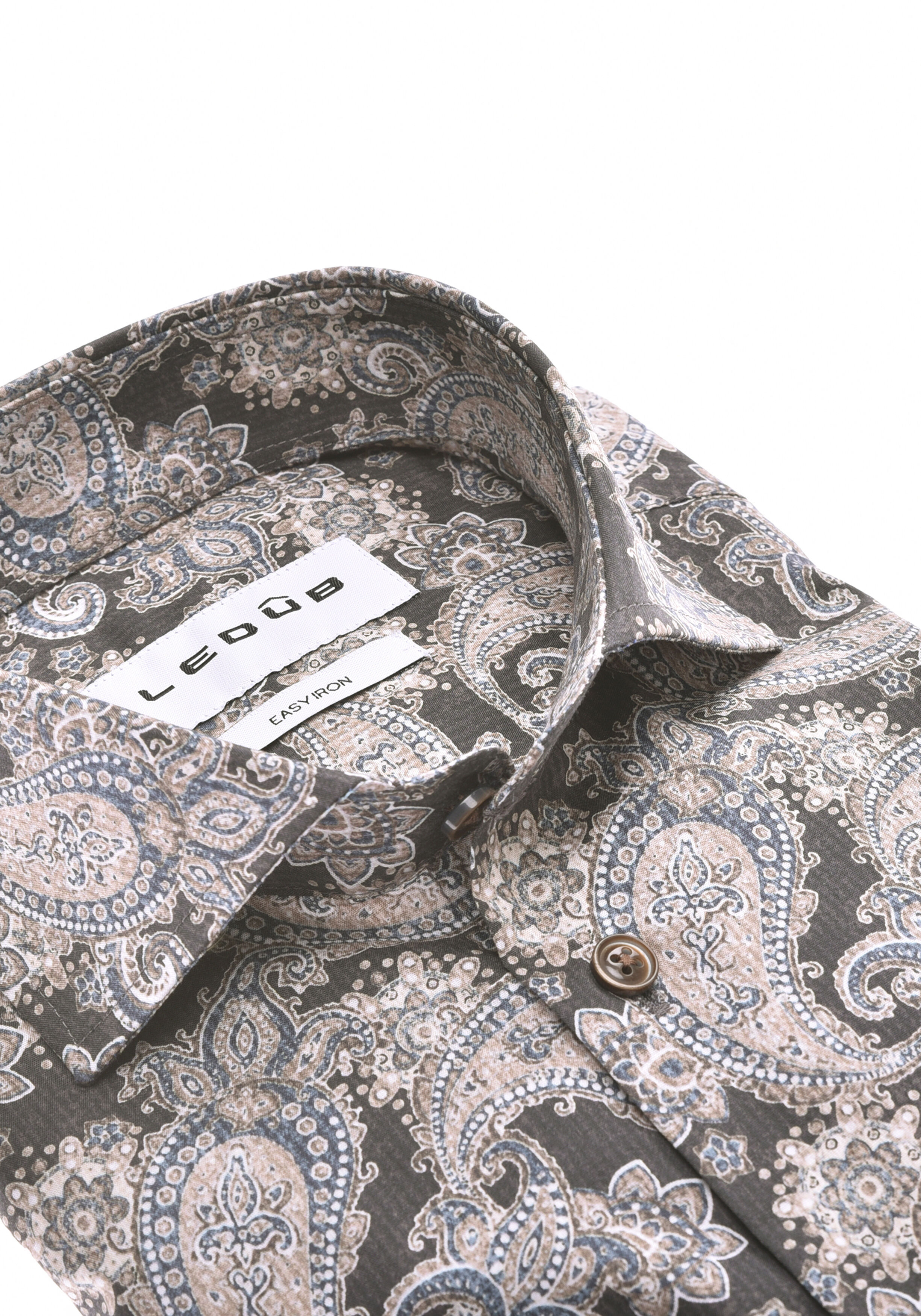 Ledub modern fit overhemd, popeline, bruin met beige en wit paisley dessin