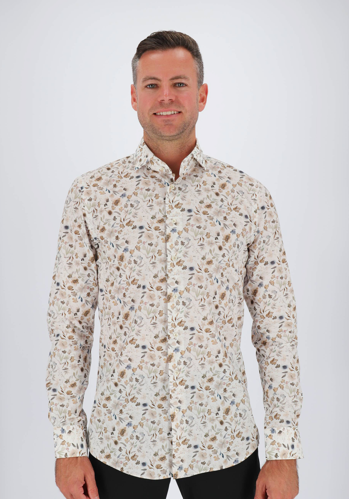 Profuomo slim fit heren overhemd, popeline, wit met gekleurd dessin Profuomo slim fit heren overhemd, popeline, wit met gekleurd dessin
