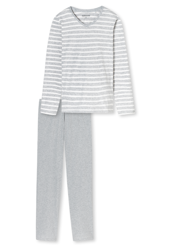 SCHIESSER dames Cotton Essentials Pyjama lang, dames pyjama set, zilvergrijs melange gestreept