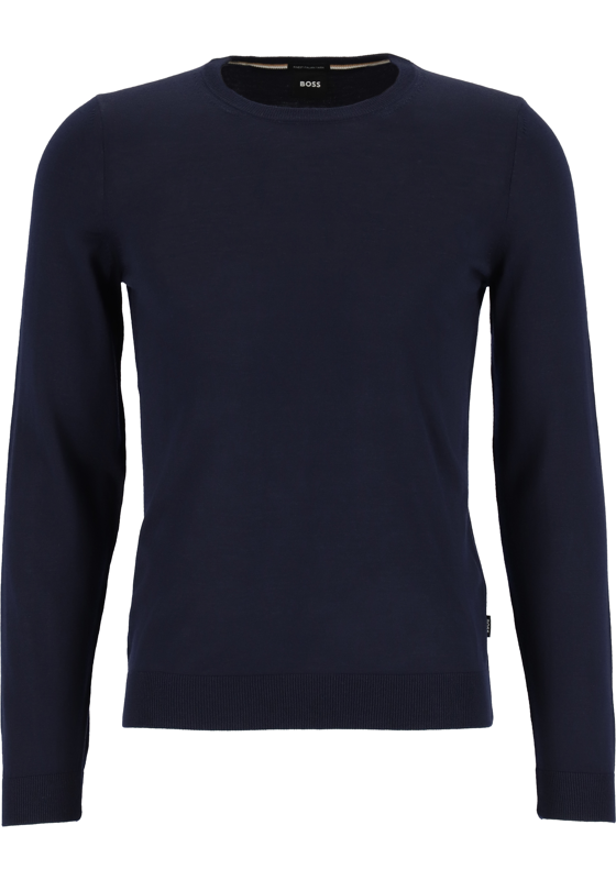 BOSS Leno heren trui wol, slim fit met O-hals, donkerblauw BOSS Leno heren trui wol, slim fit met O-hals, donkerblauw