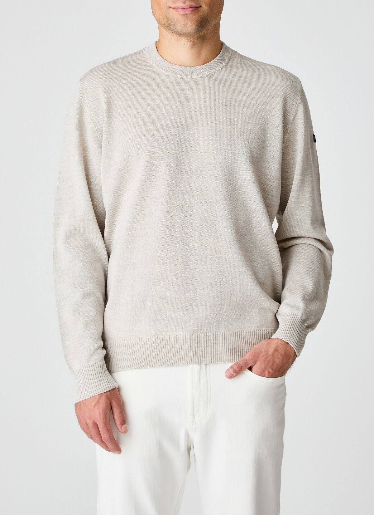MAERZ Classic Fit heren trui met O-hals wol, offwhite
