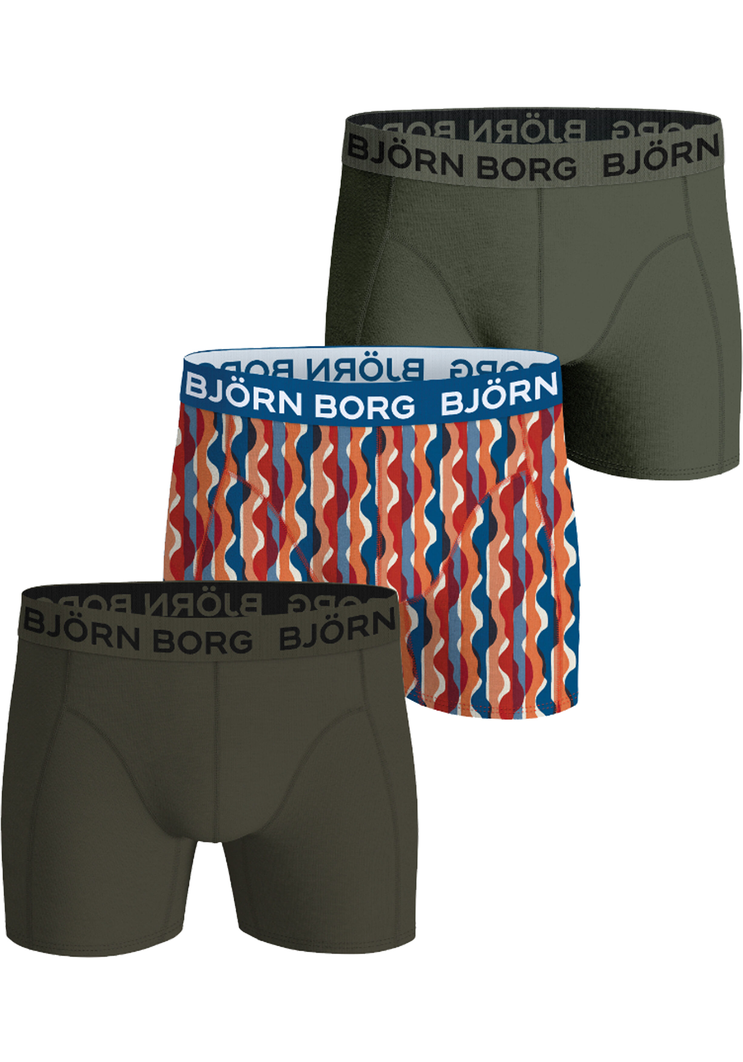 Bjorn Borg Cotton Stretch boxers, heren boxers normale lengte (3-pack), olijfgroen, kobalt met wit, rood en oranje dessin en donker olijfgroen