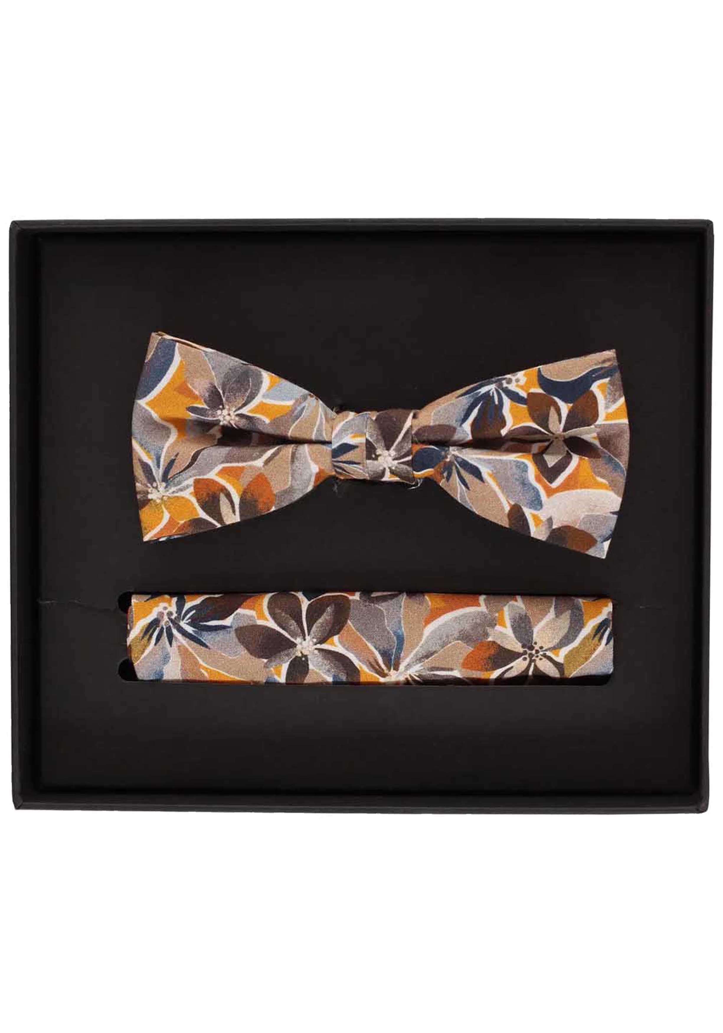 VENTI set met vlinderdas en pochet, beige met blauw en bruin dessin