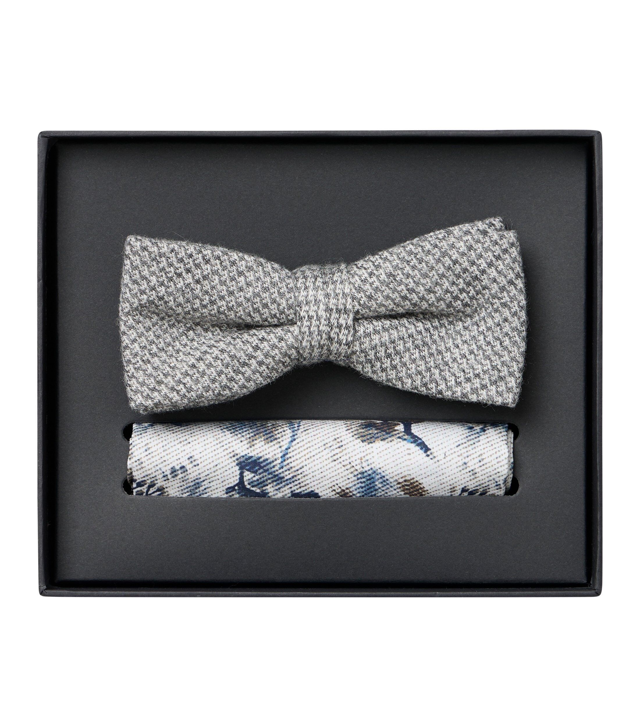 VENTI set met vlinderdas en pochet, grijs, wit, blauw, bruin dessin