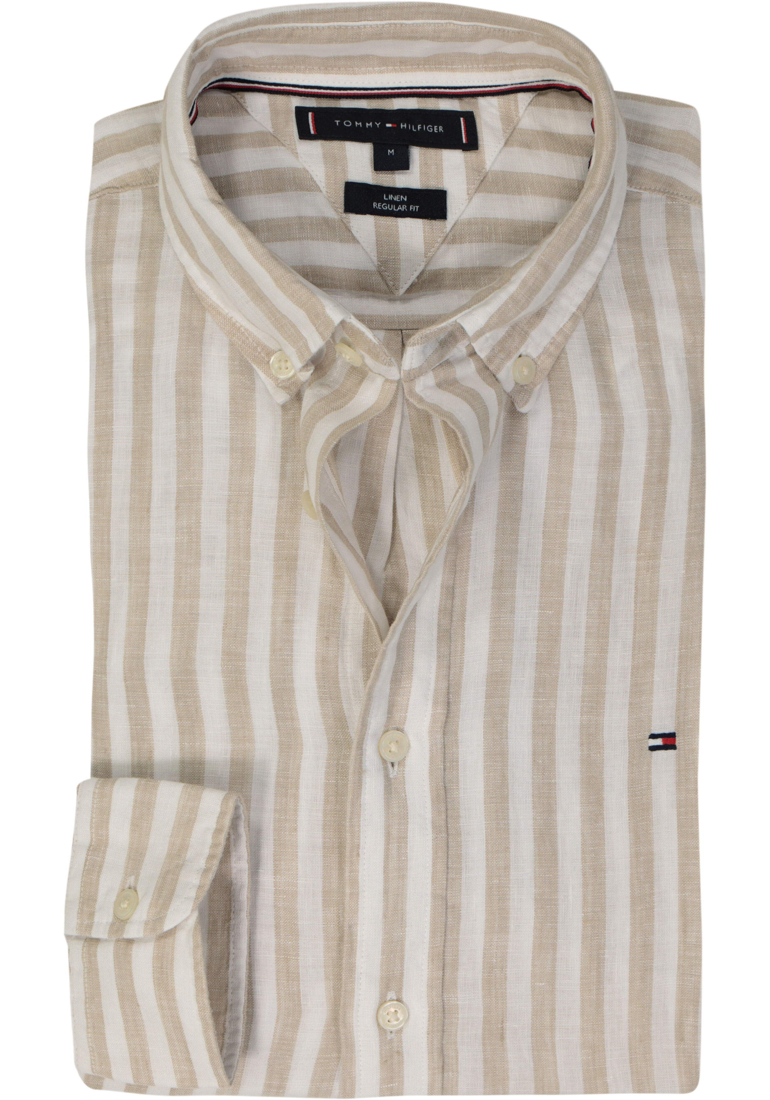 Tommy Hilfiger Linen Essential Regular Fit Shirt, structuur, beige met wit gestreept