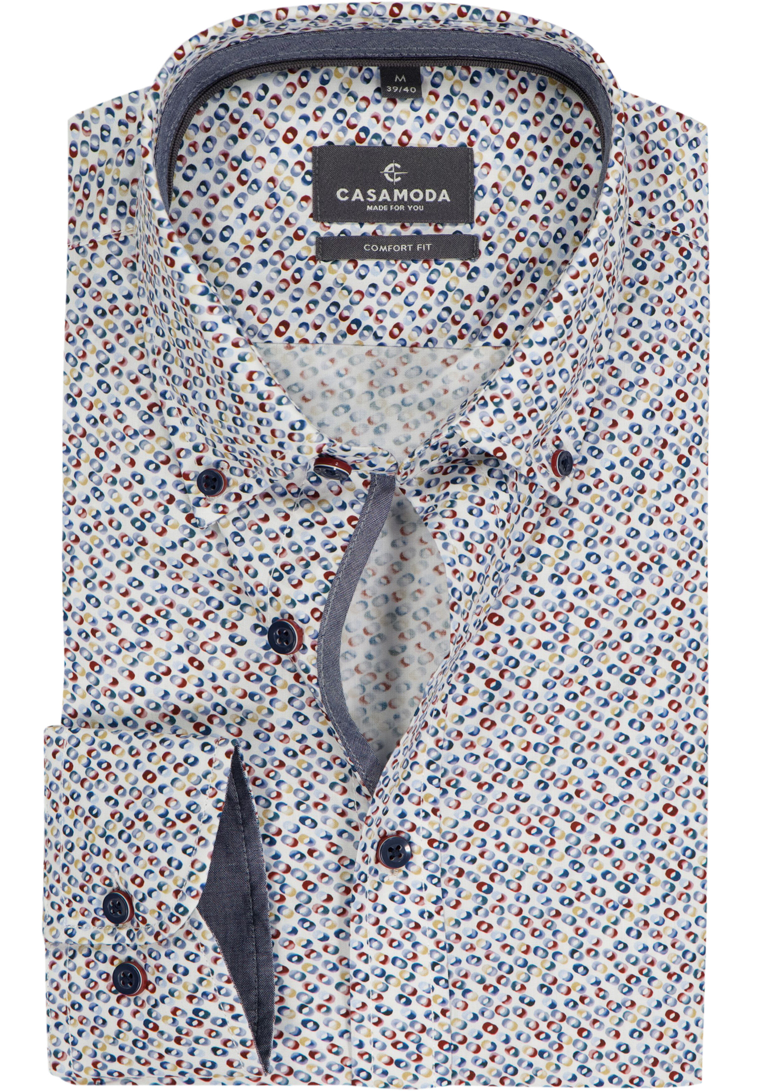 CASA MODA Sport comfort fit overhemd, popeline, wit met blauw, bordeaux en oker dessin