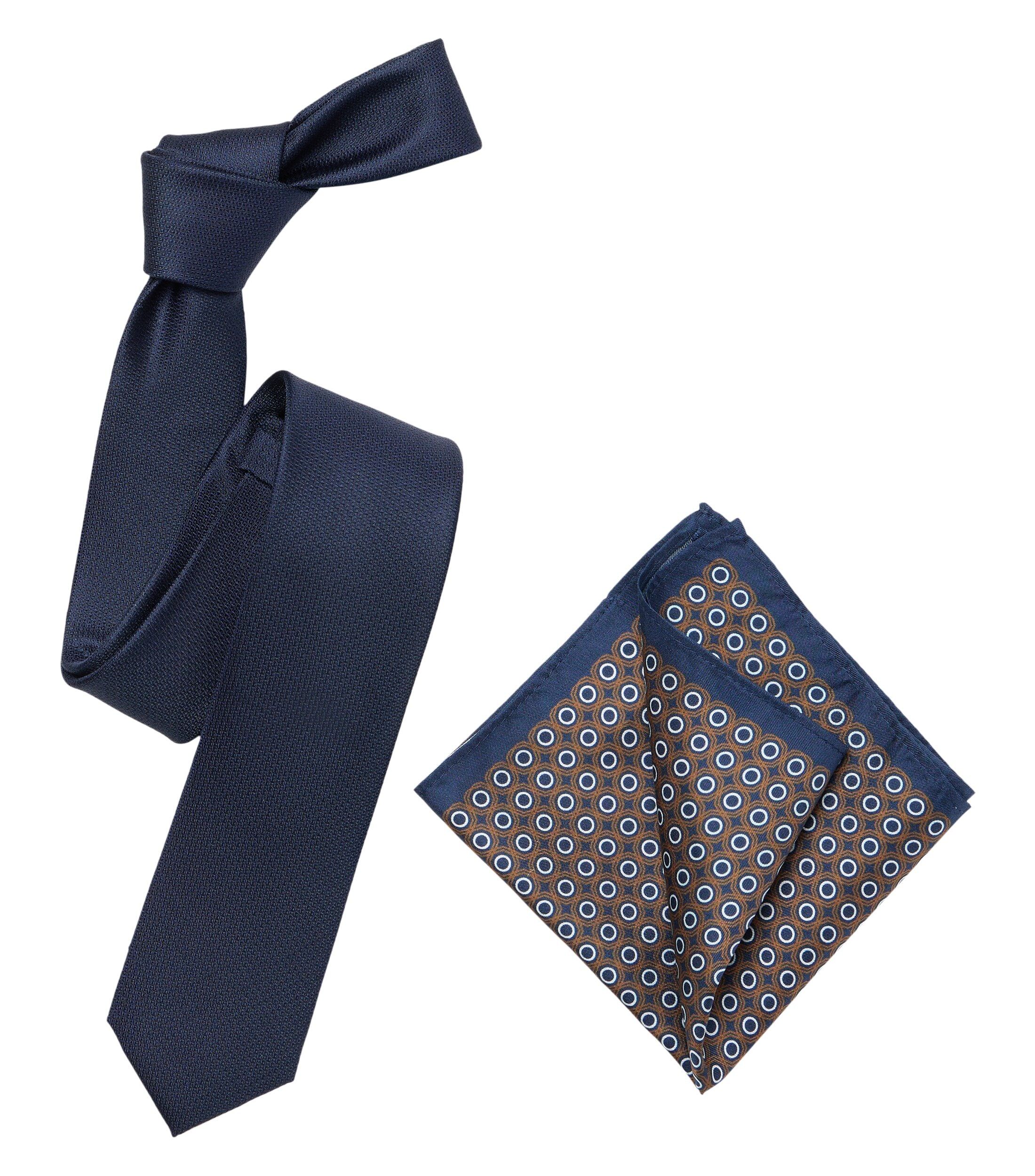 VENTI set met stropdas en pochet, donkerblauw, bruin, wit dessin