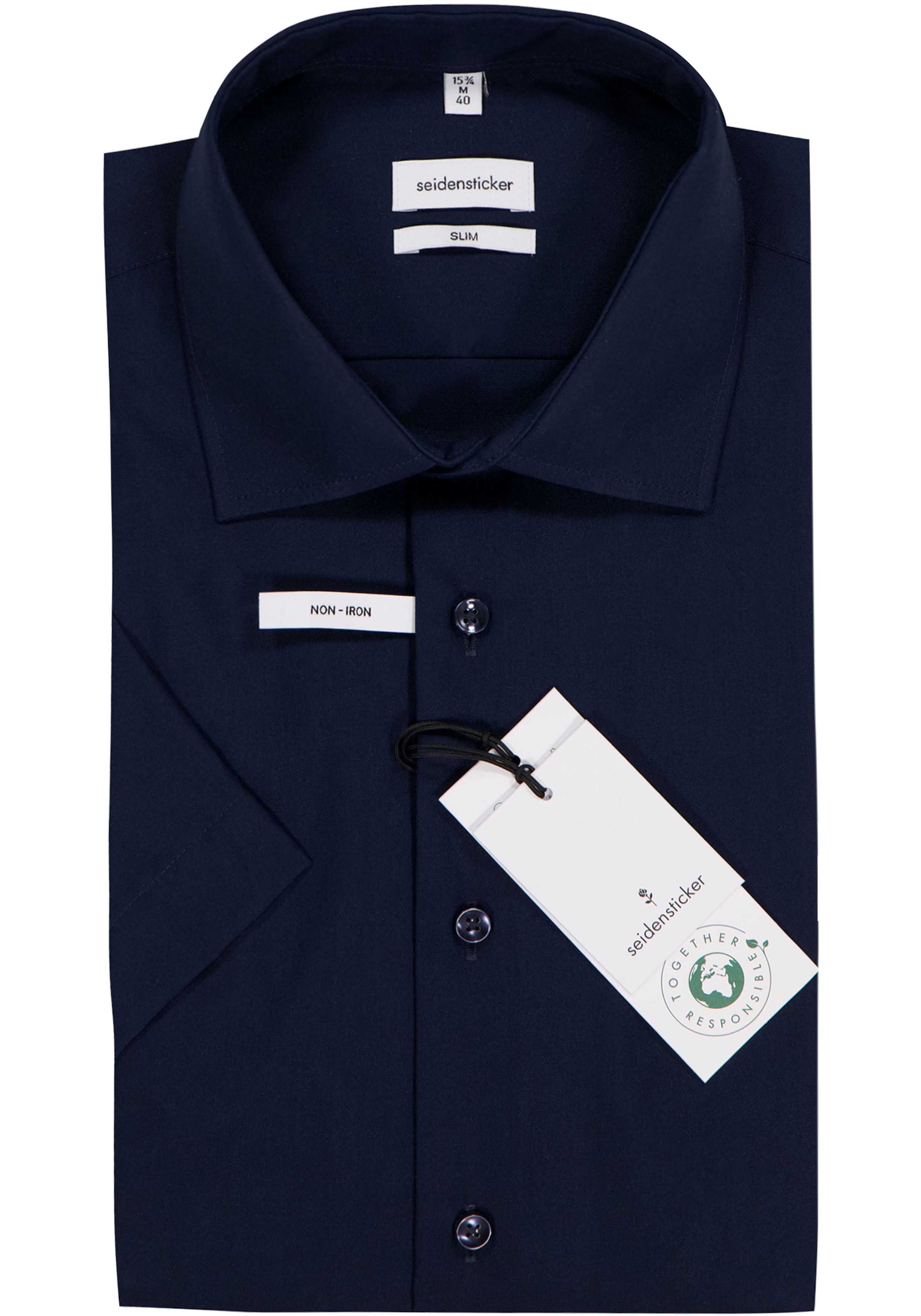 Seidensticker slim fit overhemd, korte mouw, donkerblauw