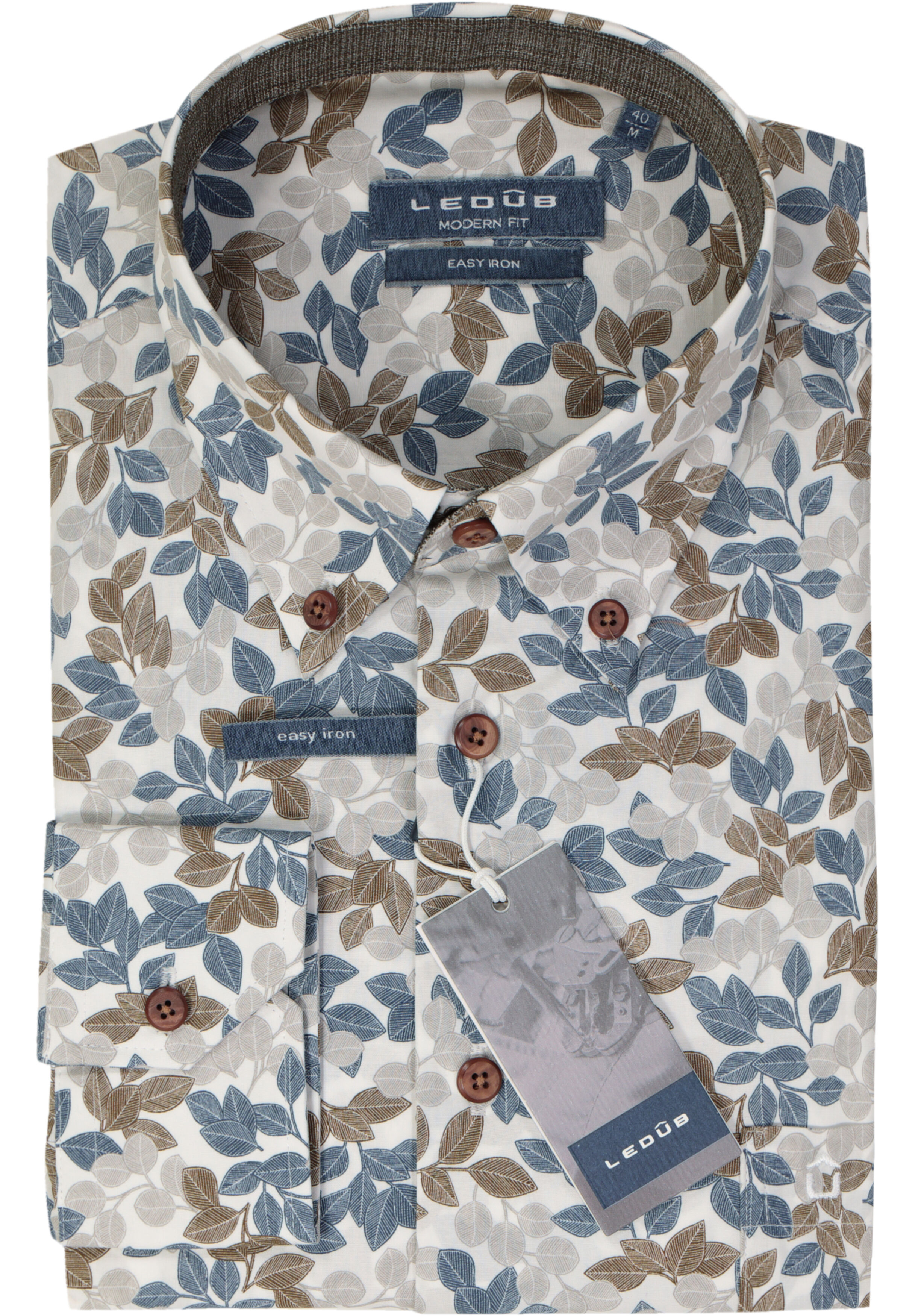 Ledub modern fit overhemd, wit met blauw en bruin dessin