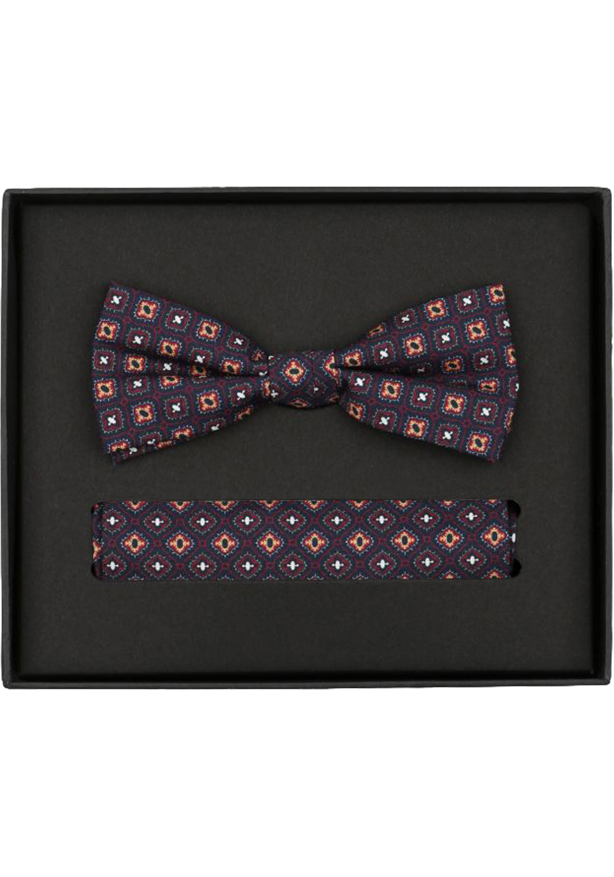 VENTI set met vlinderdas en pochet, donkerblauw, bordeaux, geel, wit dessin