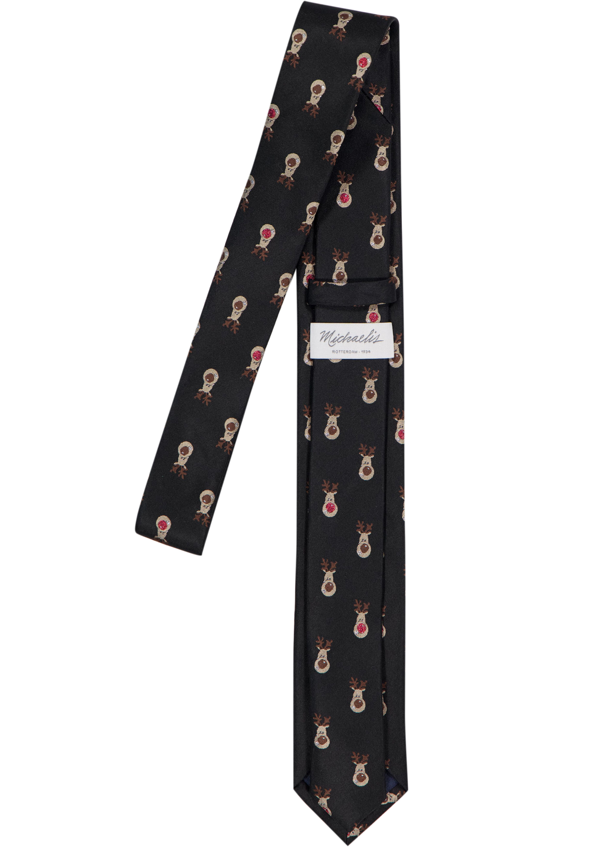 Michaelis Kerst stropdas rendier motief, zwart, rood, bruin