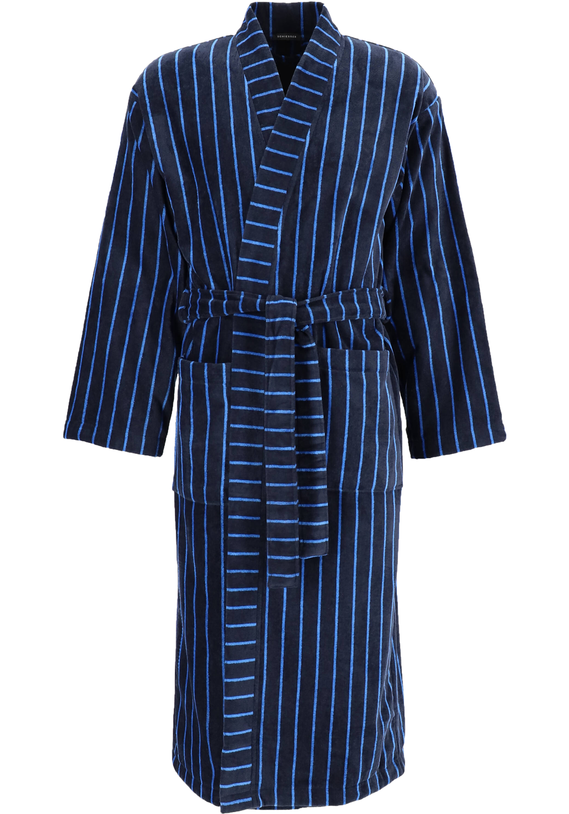 1-4007063656140-Schiesser-Schiesser_142106803_BJ_Blauw_4fotos_HR SCHIESSER heren badjas, ultralicht velours, donker blauw gestreept