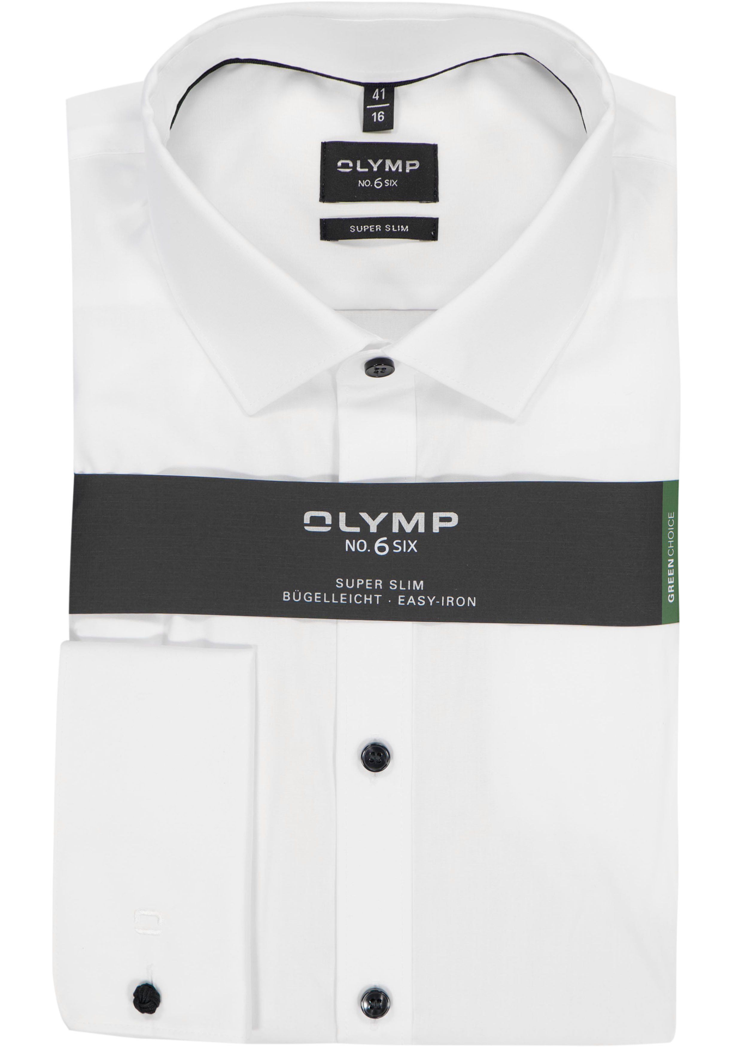 OLYMP No. Six super slim fit overhemd, dubbele manchet, wit met zwarte knoopjes 