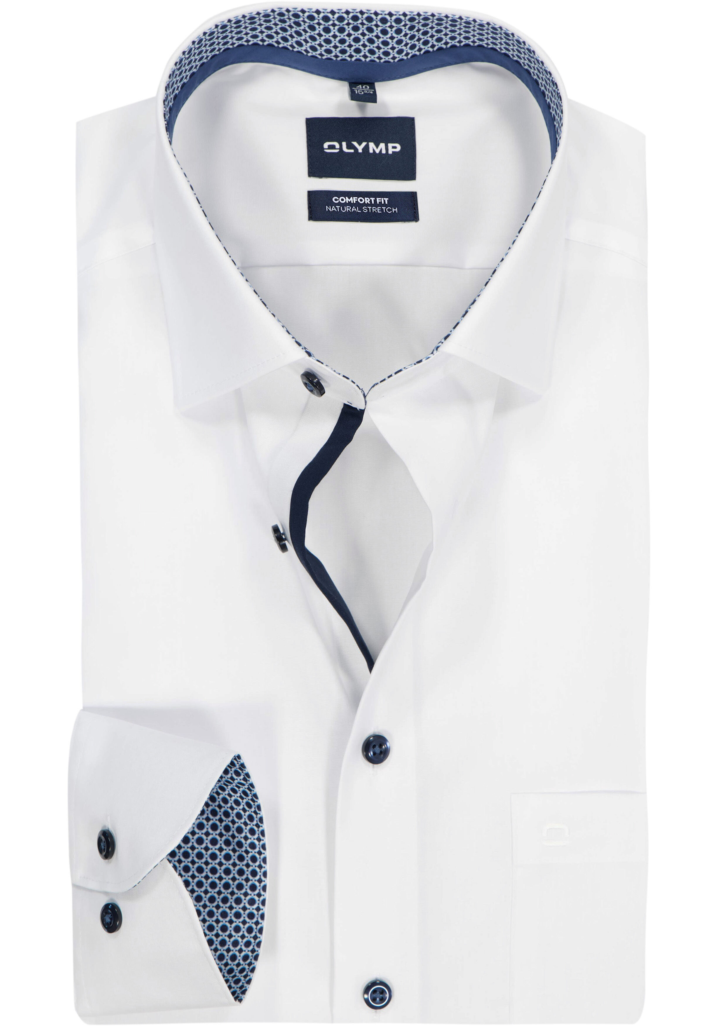 OLYMP Luxor comfort fit overhemd, popeline, wit met blauw contrast