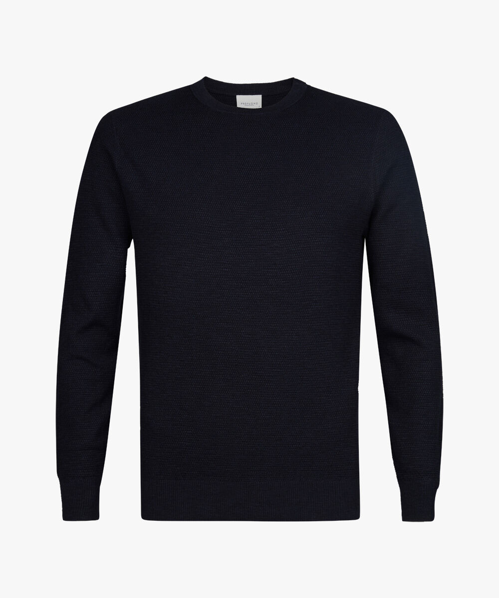 Profuomo heren trui katoen, slim fit trui met O-hals, donkerblauw