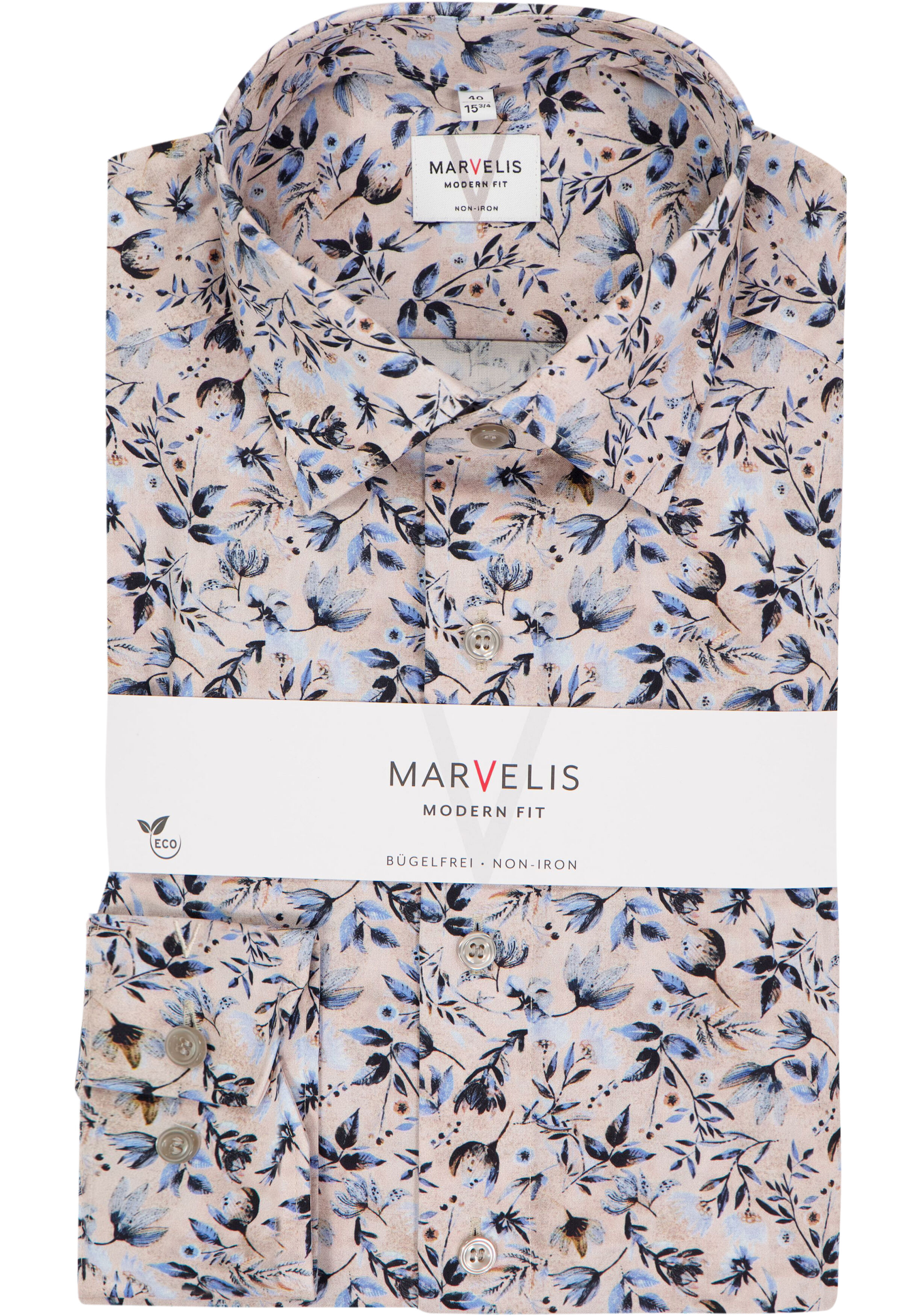 MARVELIS modern fit overhemd, popeline, beige met blauw en bruin bloemen dessin