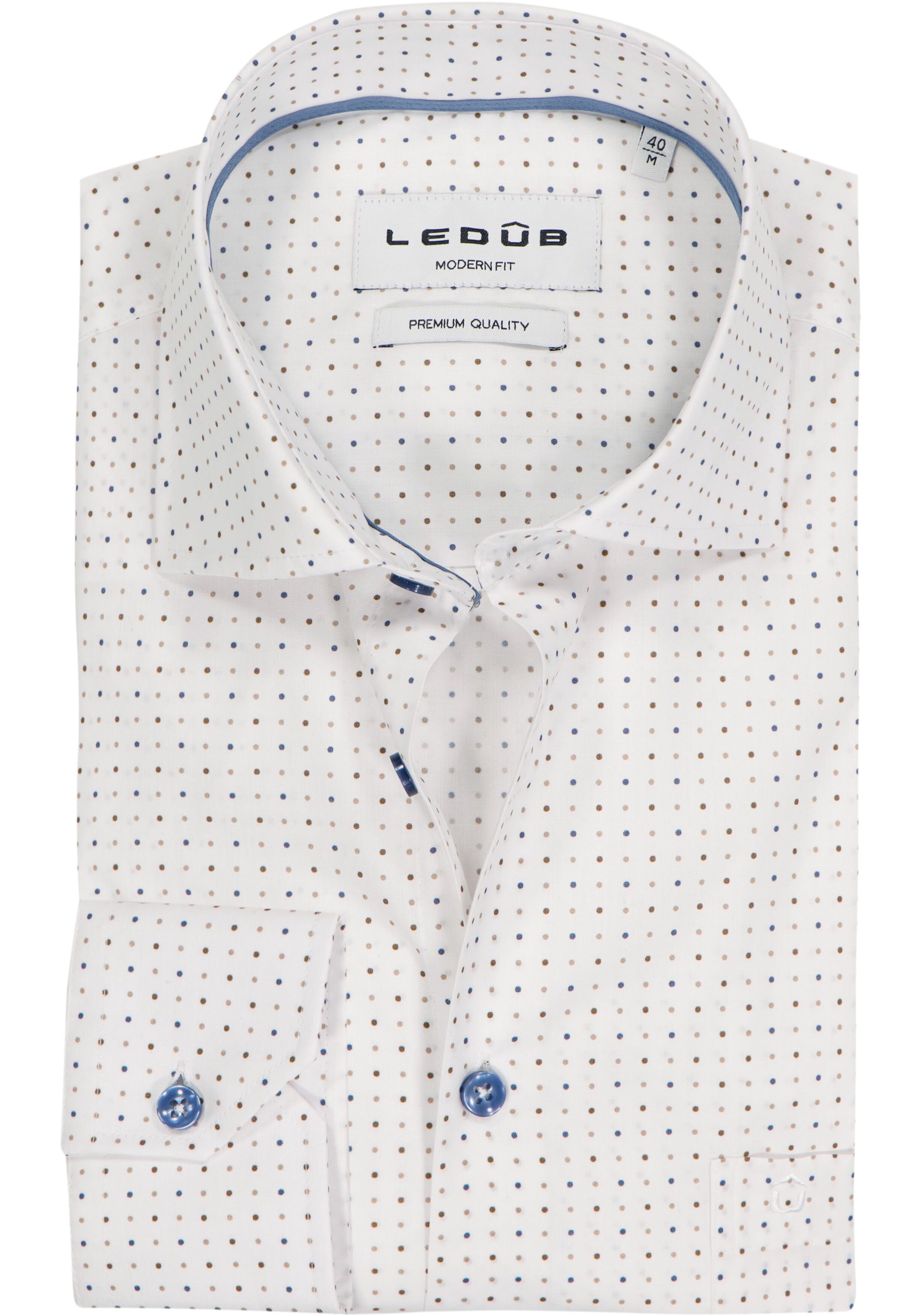 Ledub modern fit overhemd, popeline, wit met blauw, bruin en beige stipjes dessin