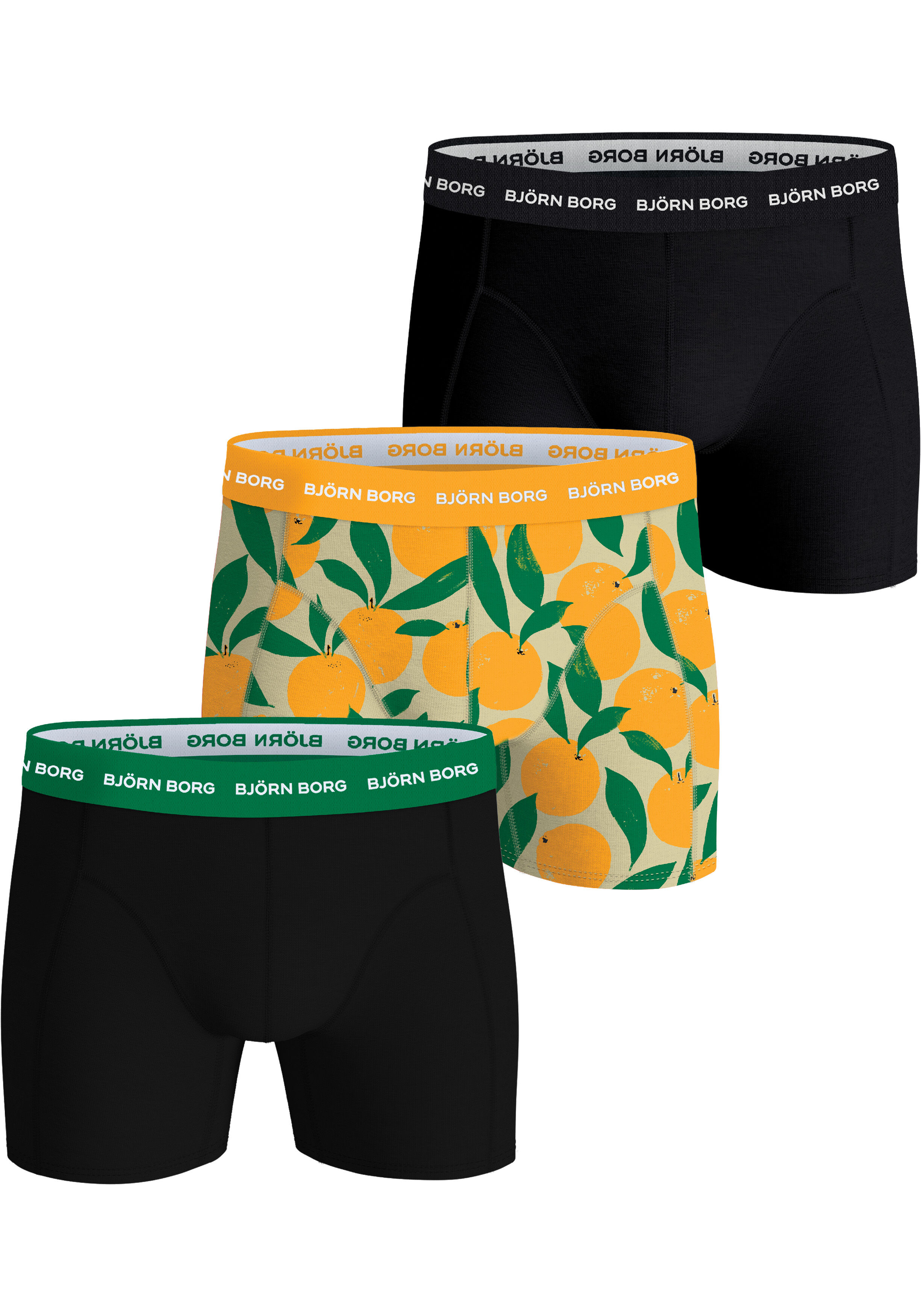 Bjorn Borg Cotton Stretch boxers, heren boxers normale lengte (3-pack), zwart, citroenen print en zwart met groene band