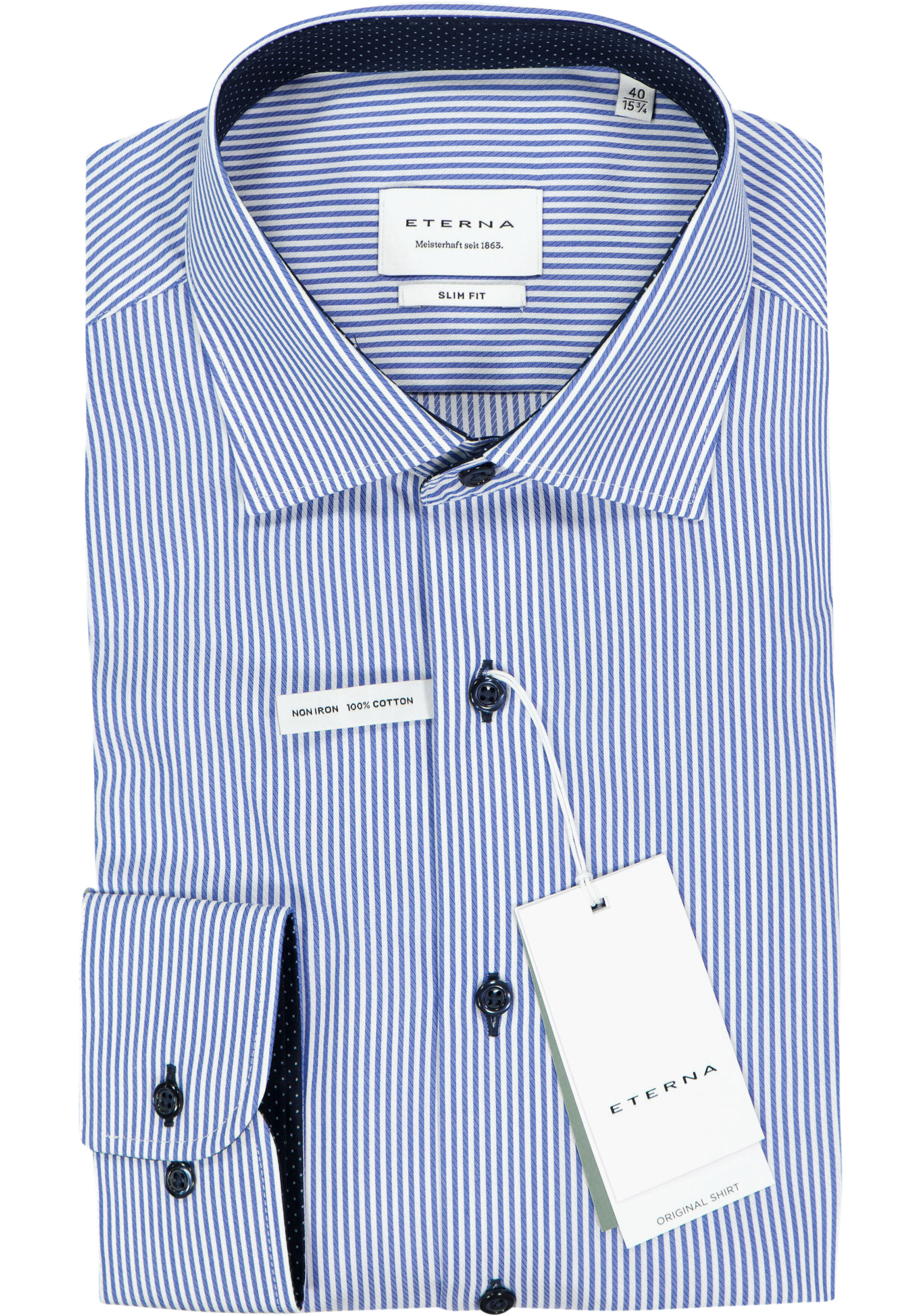 ETERNA slim fit overhemd, twill heren overhemd, blauw met wit gestreept (blauw contrast)