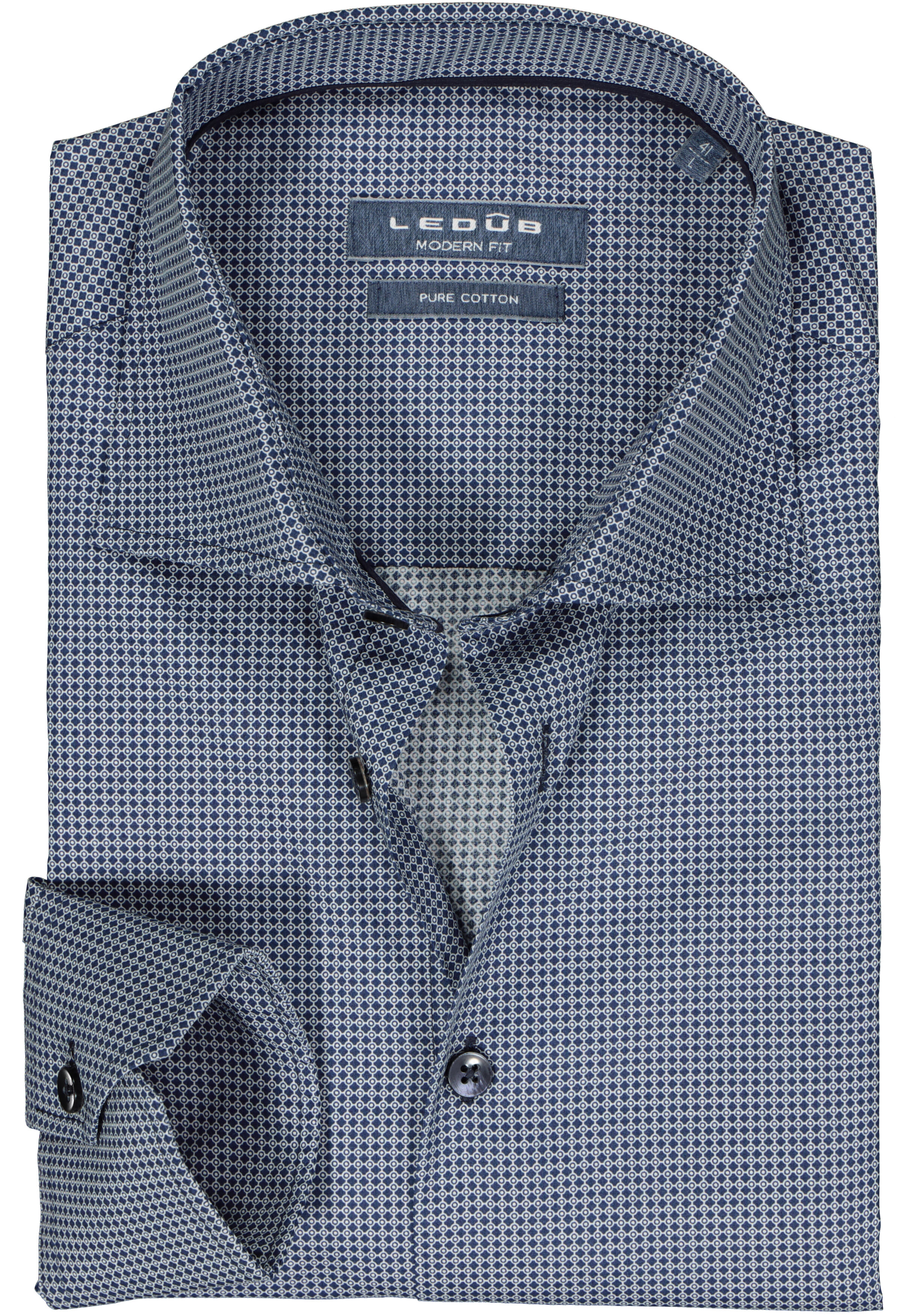 Ledub modern fit overhemd, donkerblauw met wit dessin