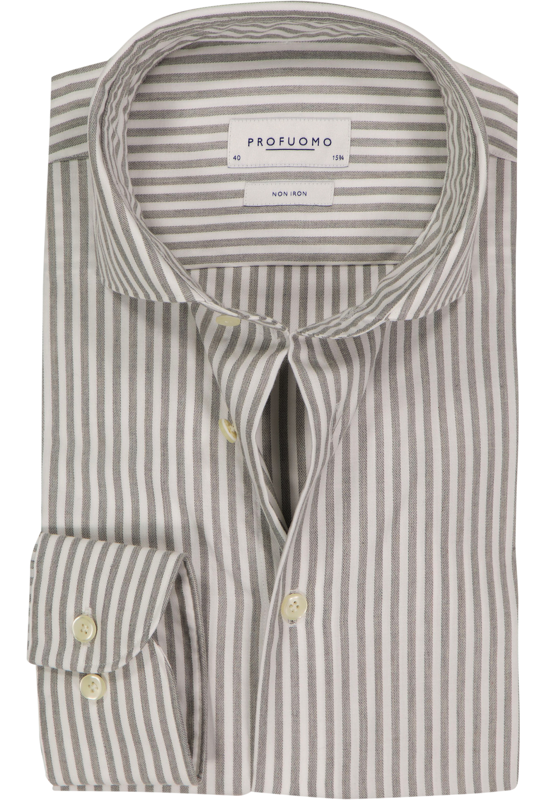 Profuomo slim fit heren overhemd, popeline, olijfgroen met wit gestreept Profuomo slim fit heren overhemd, popeline, olijfgroen met wit gestreept