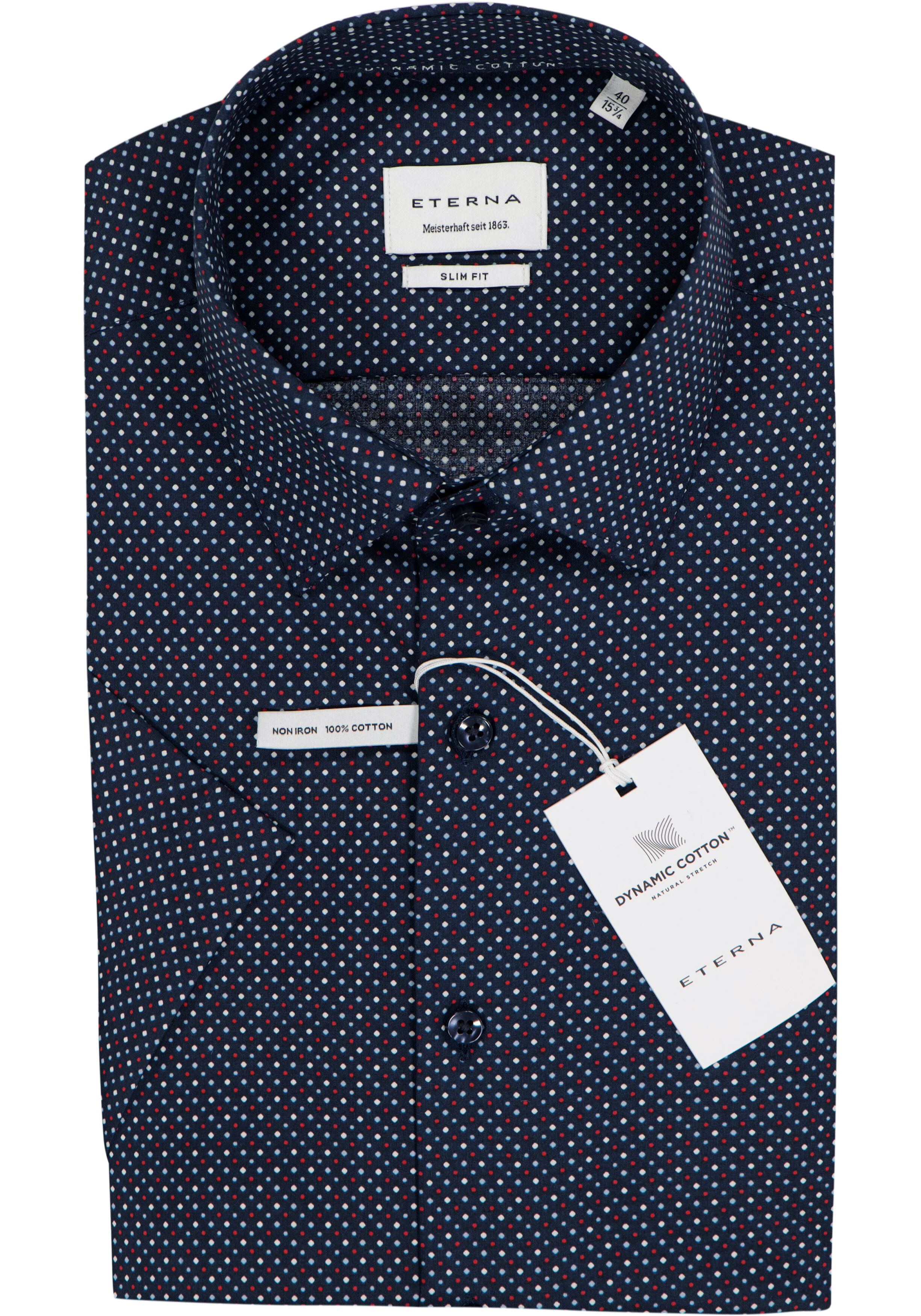 ETERNA slim fit overhemd korte mouw, popeline, donkerblauw met wit, rood en lichtblauw dessin