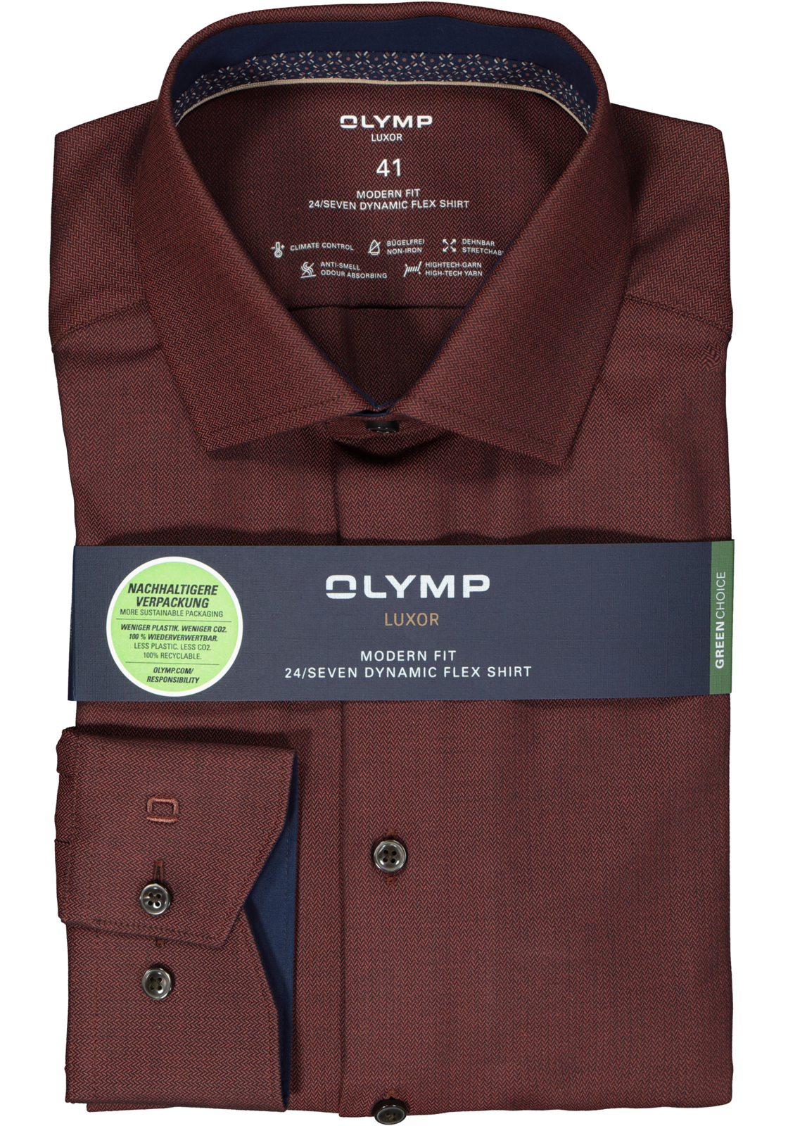 2-4066425499153_olymp-overhemd_HR OLYMP 24/7 modern fit overhemd, herringbone, roodbruin (contrast)