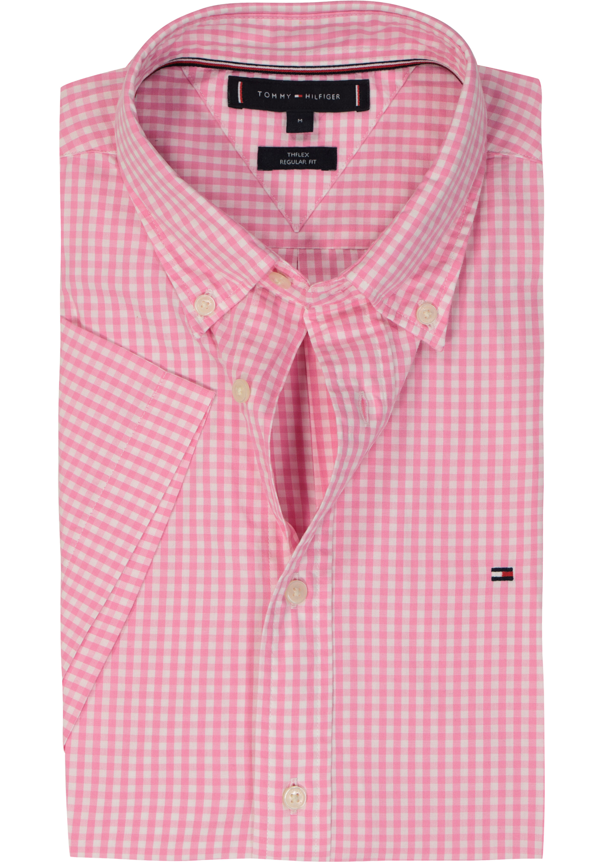 Tommy Hilfiger Flex Poplin Regular Fit Shirt, korte mouw, popeline, roze met wit geruit
