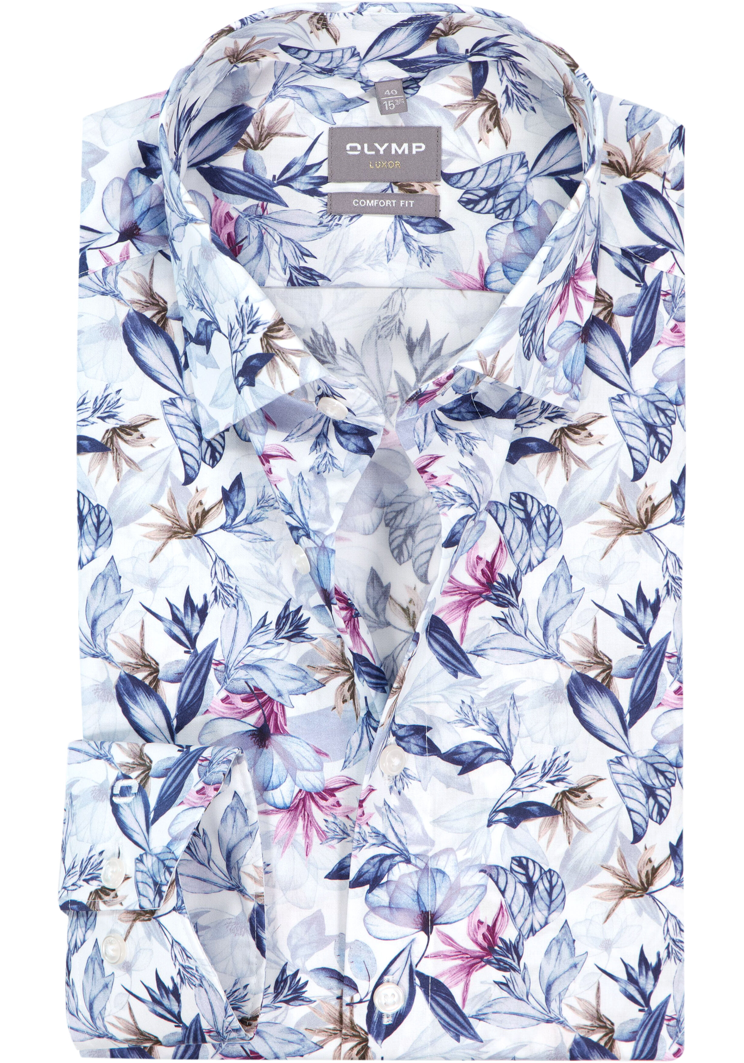 OLYMP Luxor comfort fit overhemd, dobby, wit met blauw en roze bloemen dessin