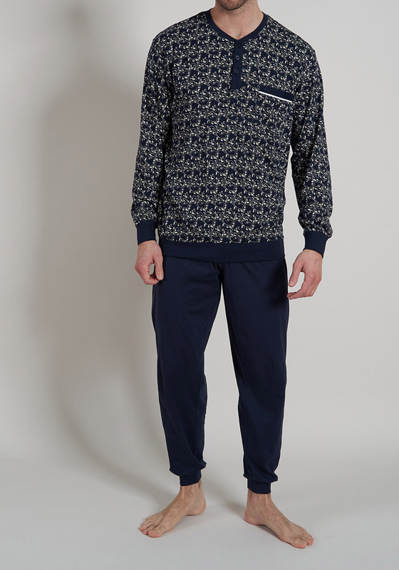 Gotzburg heren pyjama O-hals met knoopjes, middenblauw dessin Gotzburg heren pyjama O-hals met knoopjes, middenblauw dessin