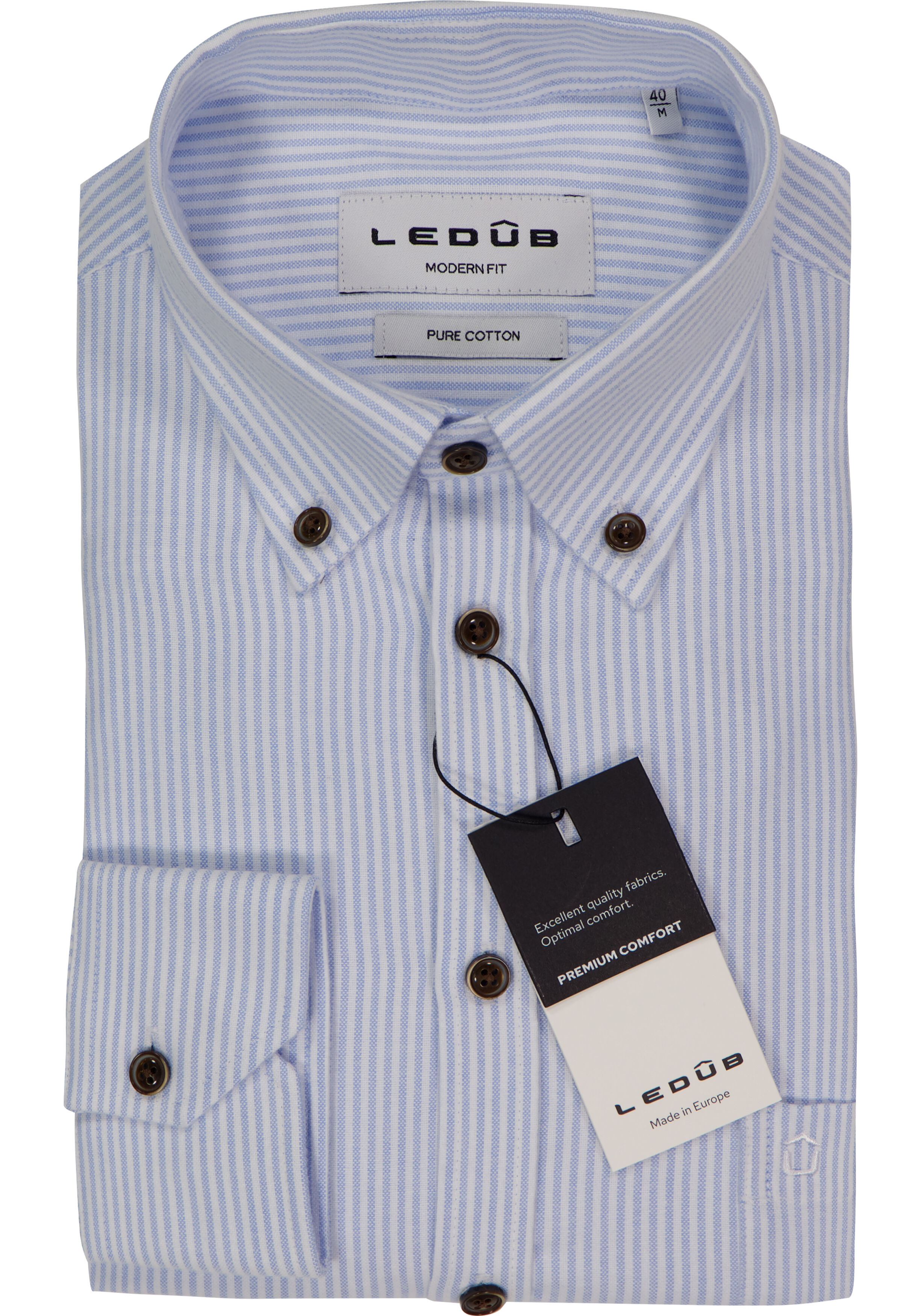 Ledub modern fit overhemd, popeline, lichtblauw gestreept