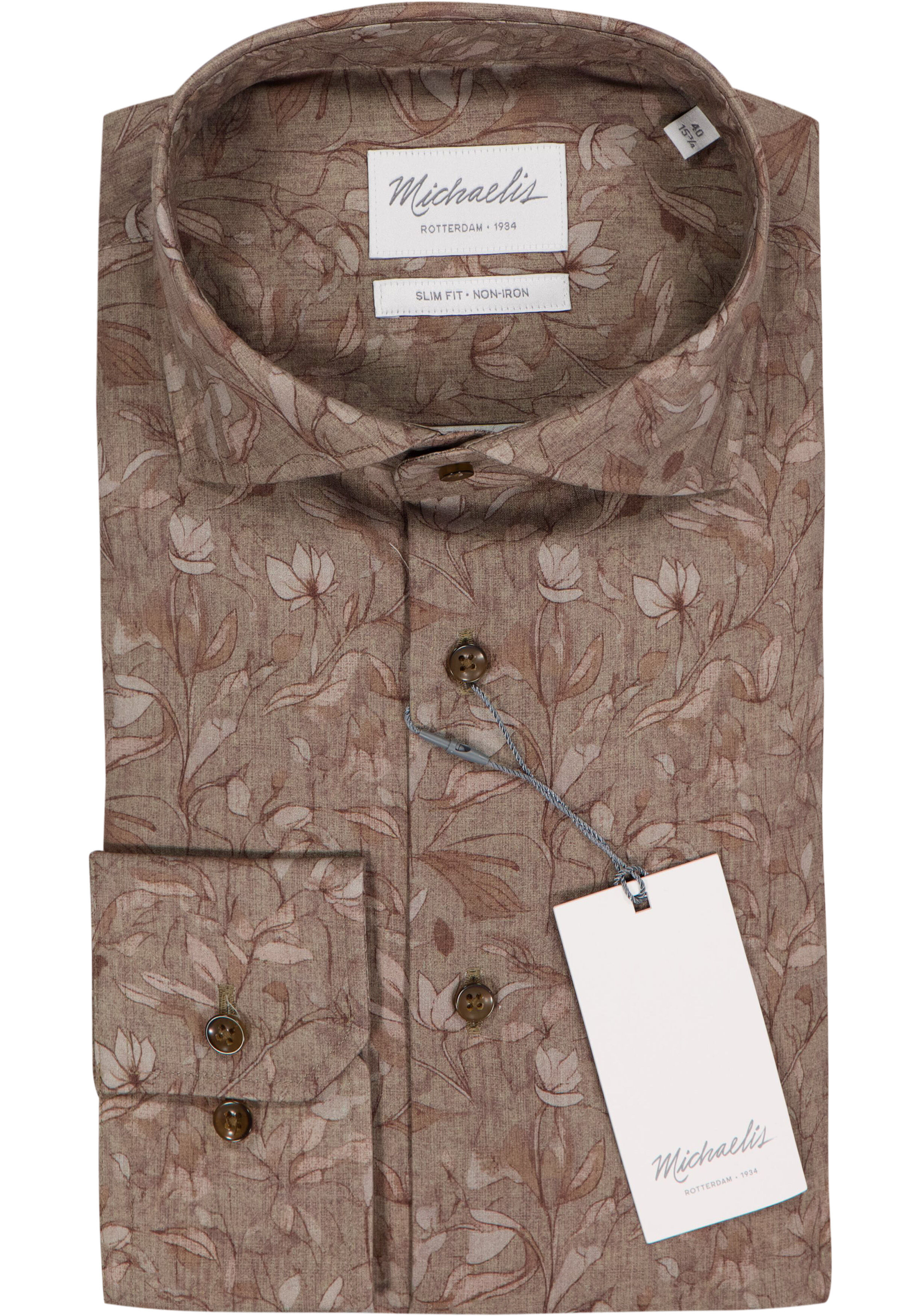 Michaelis slim fit heren overhemd, twill, bruin dessin