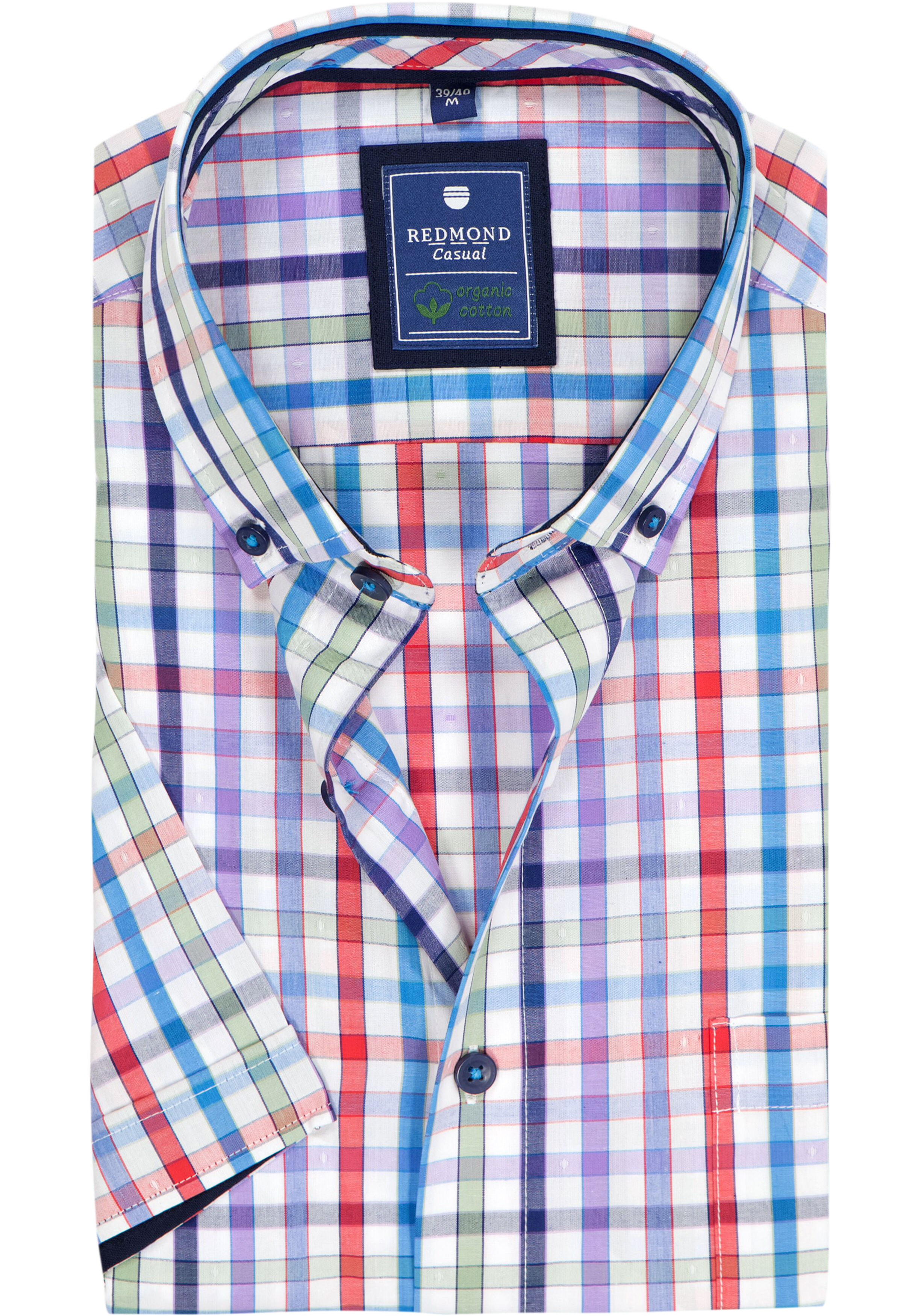 Redmond comfort fit overhemd, korte mouw, popeline, blauw geruit