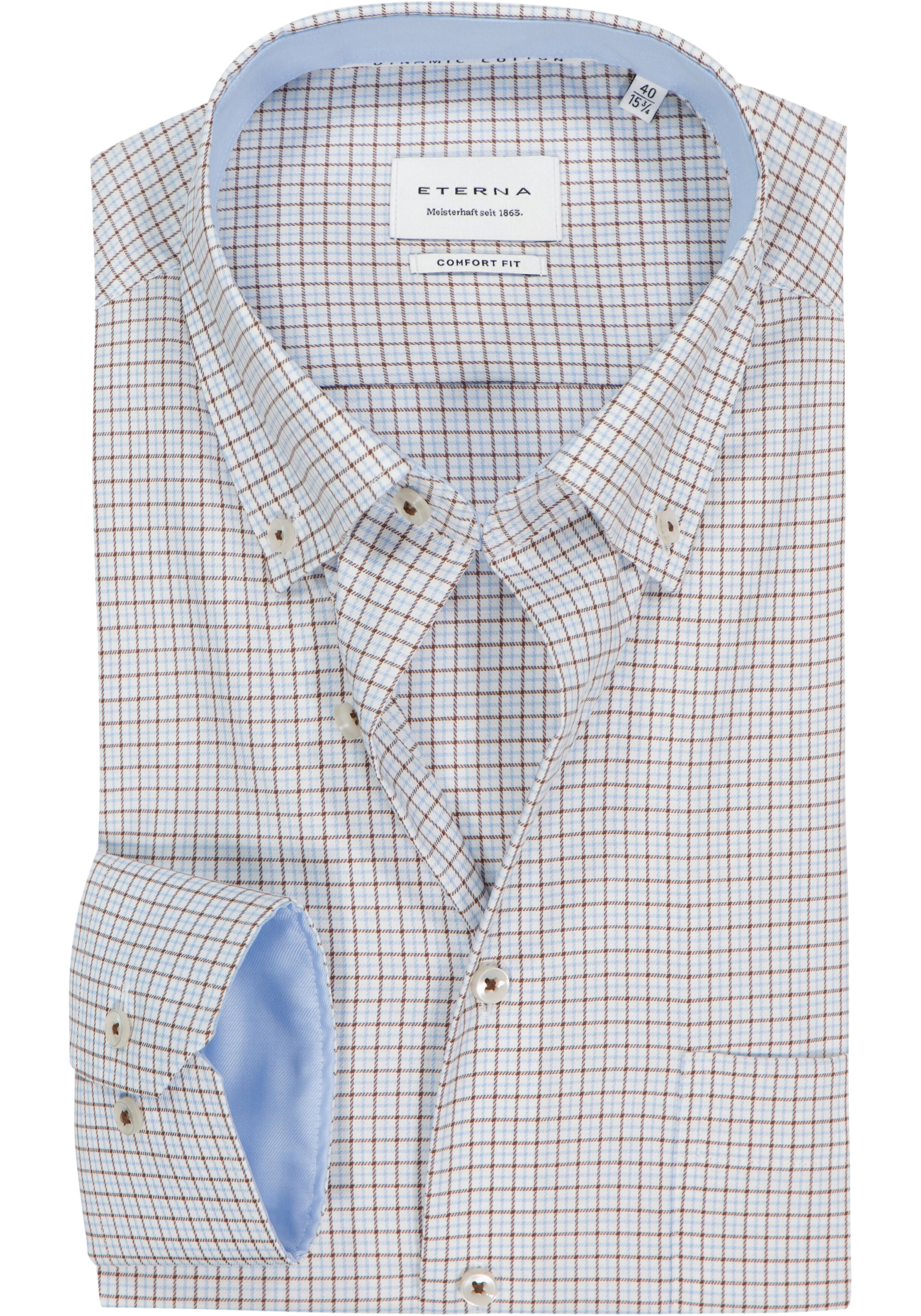 ETERNA comfort fit overhemd, twill, wit met lichtblauw en bruin geruit