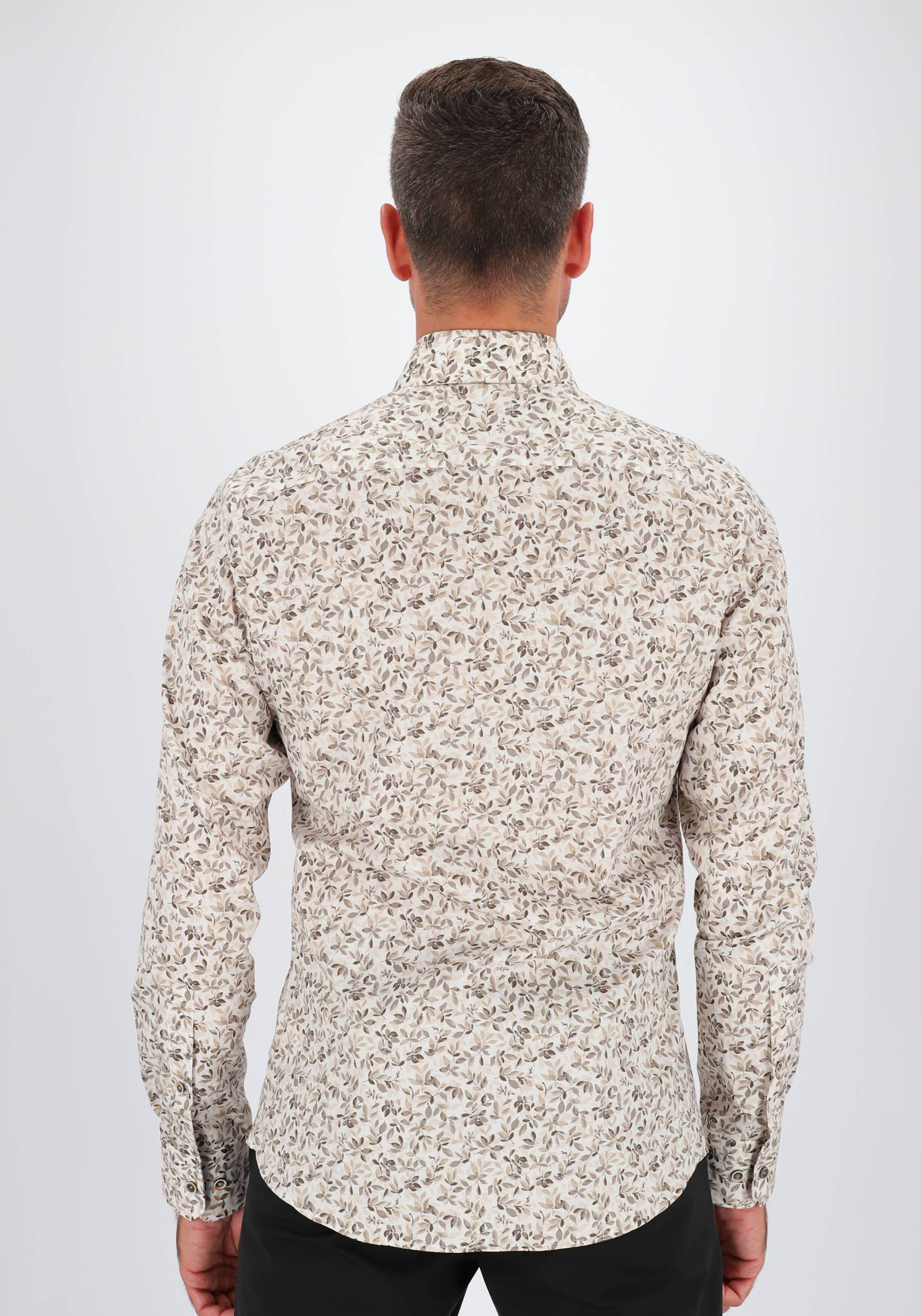 Michaelis slim fit heren overhemd, popeline, bruin en beige met wit bladeren dessin