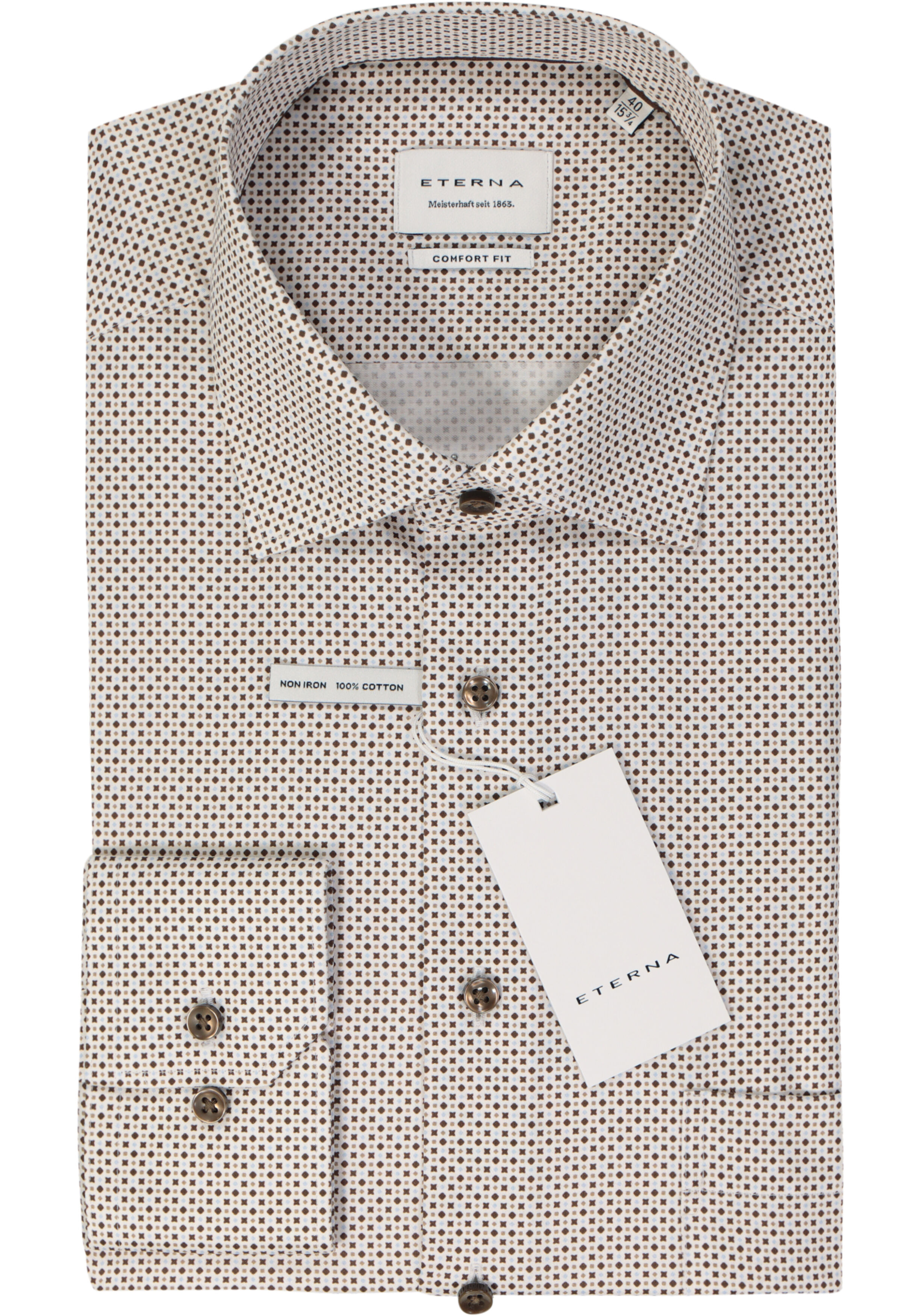 ETERNA comfort fit overhemd, satijnbinding, wit met bruin, beige en lichtblauw dessin