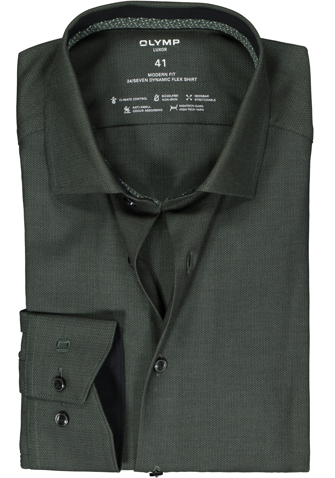 1-4066425527252_olymp-overhemd_HR OLYMP 24/7 modern fit overhemd, herringbone, olijfgroen (contrast)