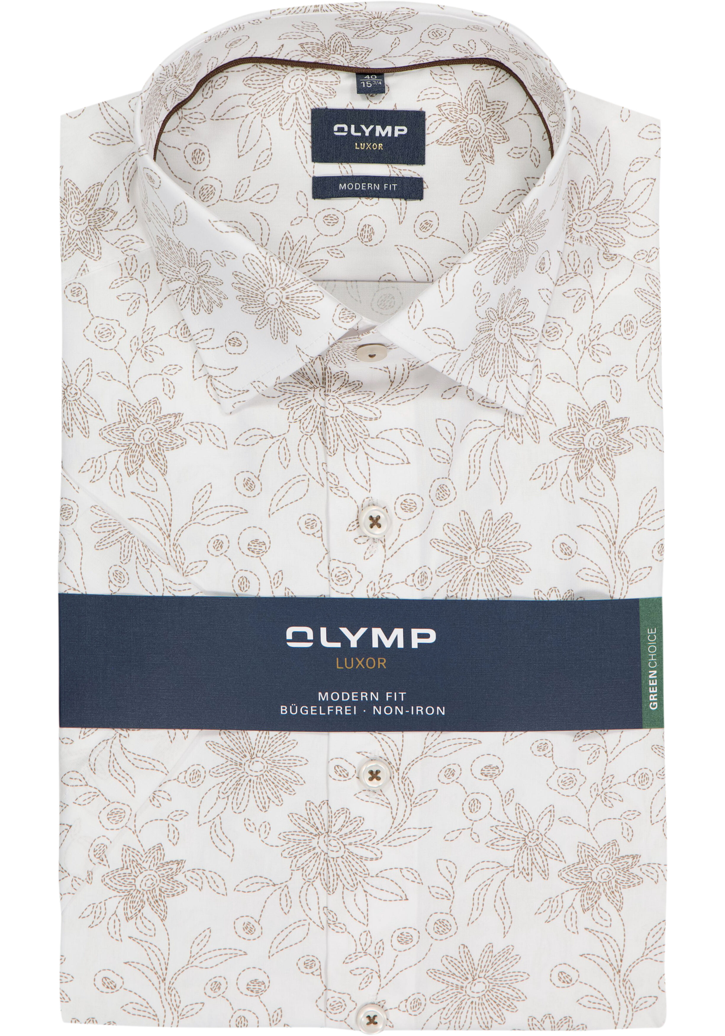 OLYMP Luxor modern fit overhemd, korte mouw, popeline, wit met beige bloemen dessin