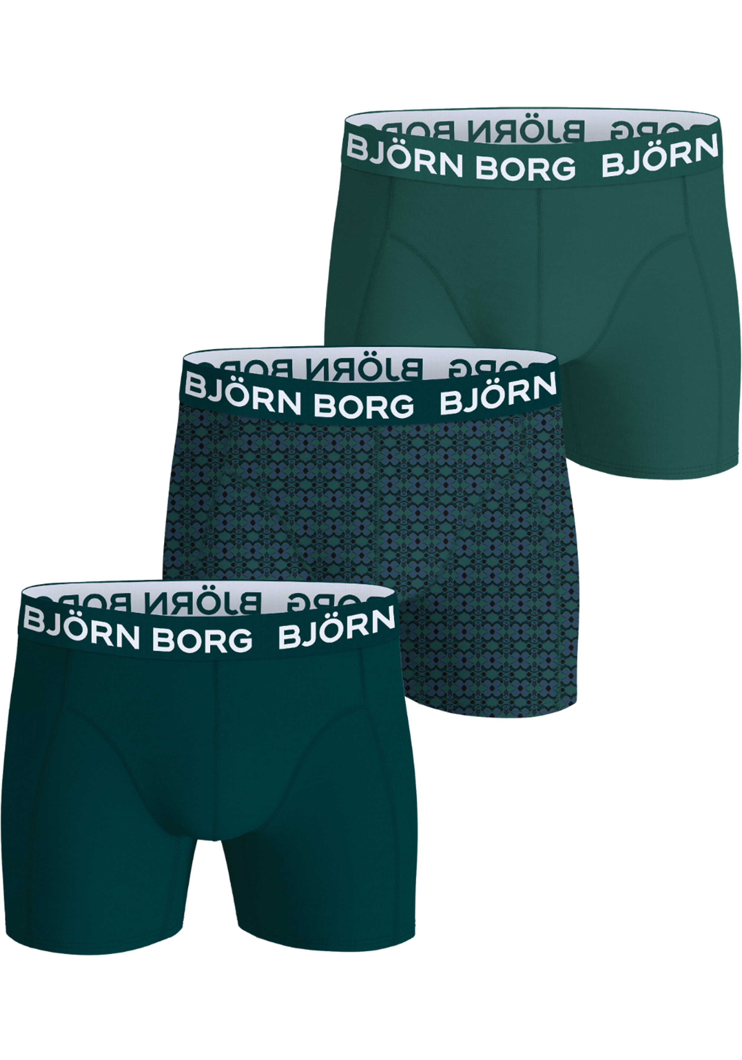 Bjorn Borg Cotton Stretch boxers, heren boxers normale lengte (3-pack), 2 tinten groen en groen met blauwe print