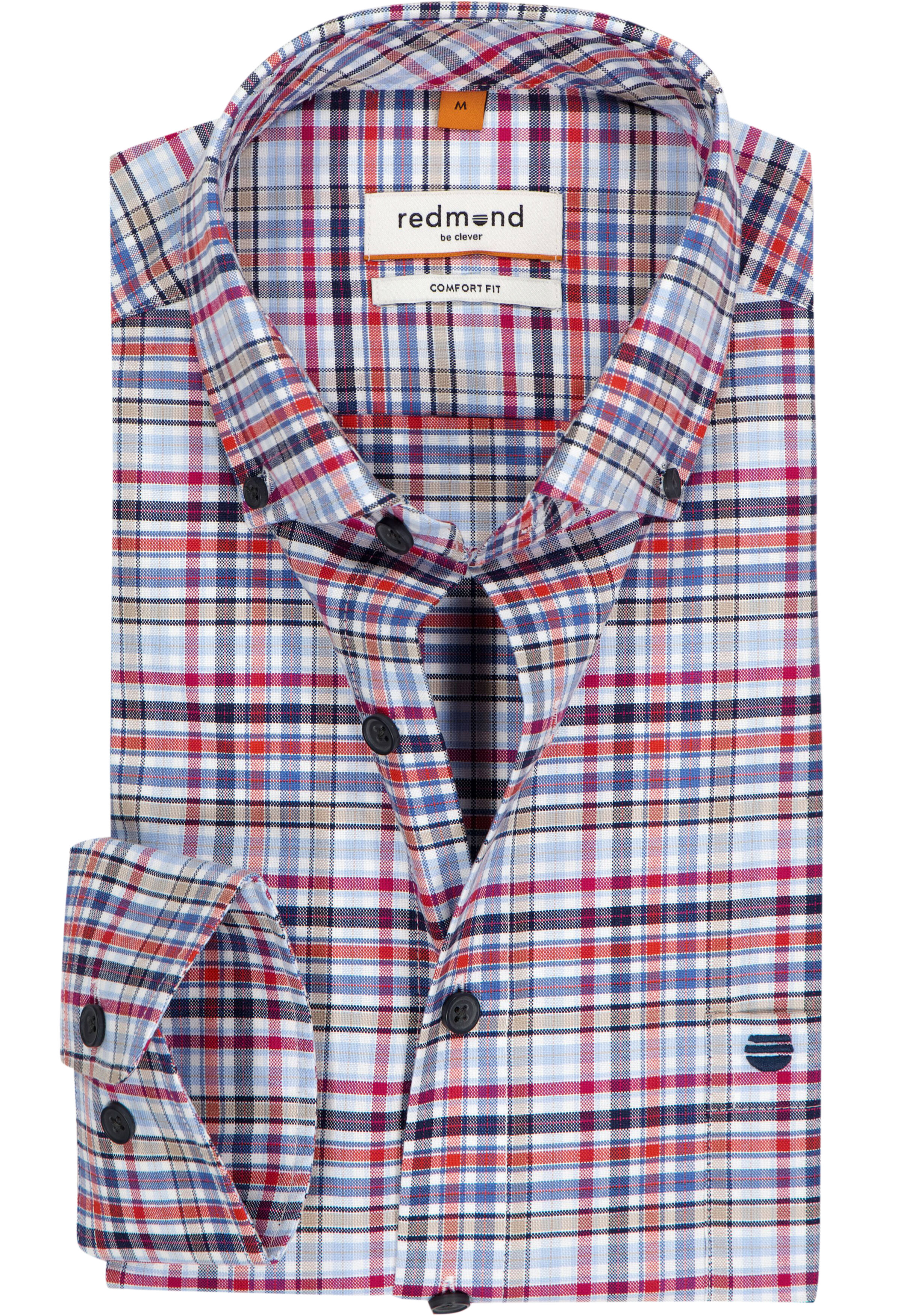 Redmond comfort fit overhemd, Oxford, blauw met wit, rood en kaki geruit