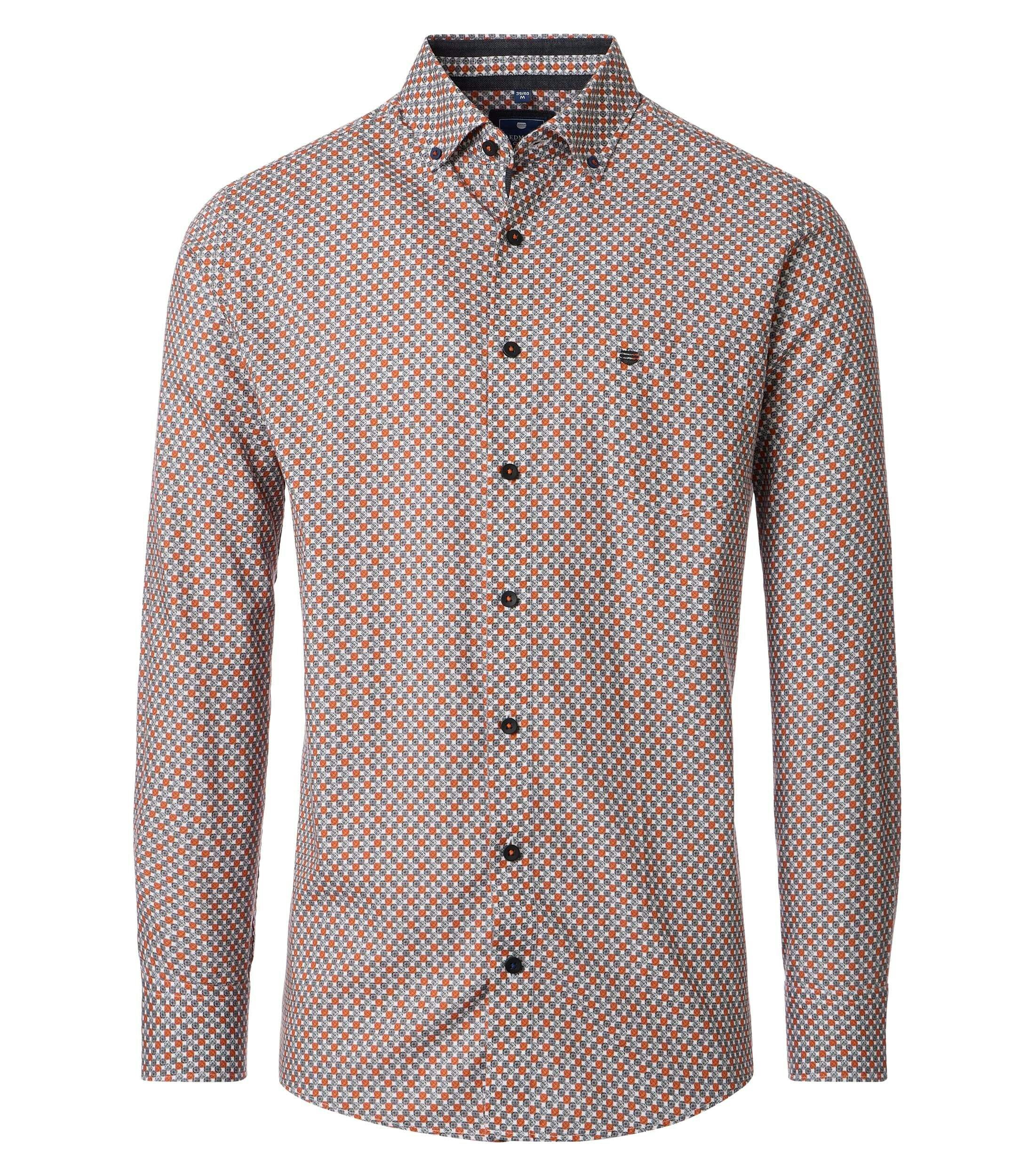 Redmond modern fit overhemd, popeline, wit, grijs en oranje dessin