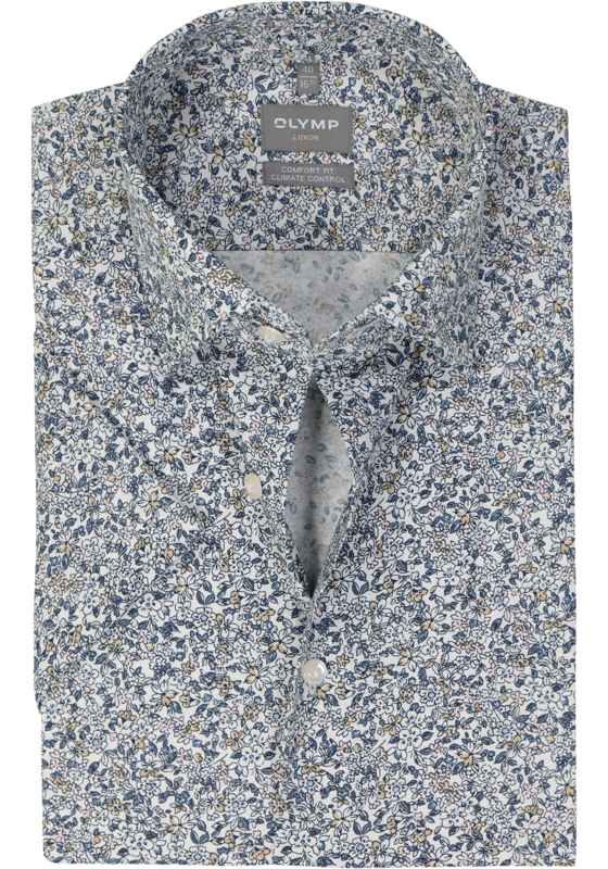 OLYMP comfort fit overhemd, korte mouw, dobby, wit met blauw en beige bloemetjes dessin OLYMP comfort fit overhemd, korte mouw, dobby, wit met blauw en beige bloemetjes dessin
