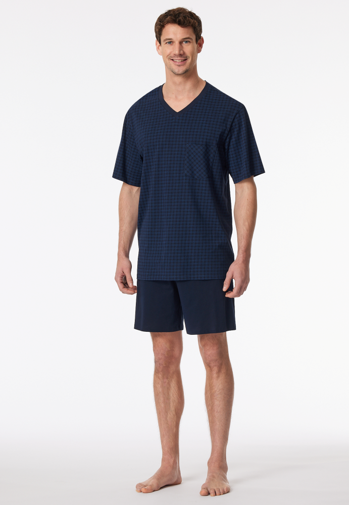 SCHIESSER Cotton Essentials Pyjama kort, heren shortama set, nachtblauw geruit